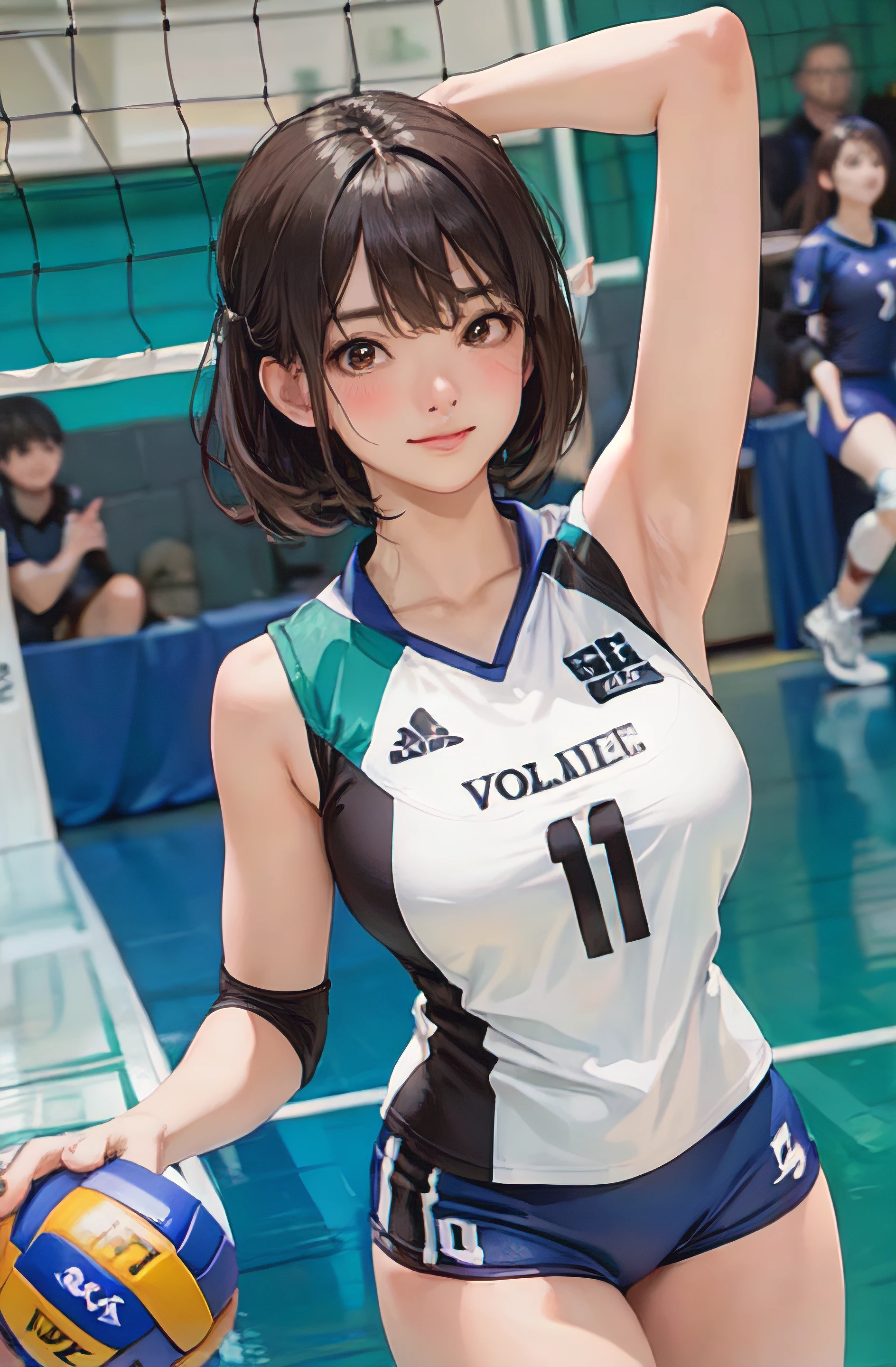 1lady solo, /(volleyball uniform/), /(dark brown hair/) bangs, blush light smile, (masterpiece best quality:1.2) delicate illustration ultra-detailed, large breasts BREAK /(volleyball court indoors/)