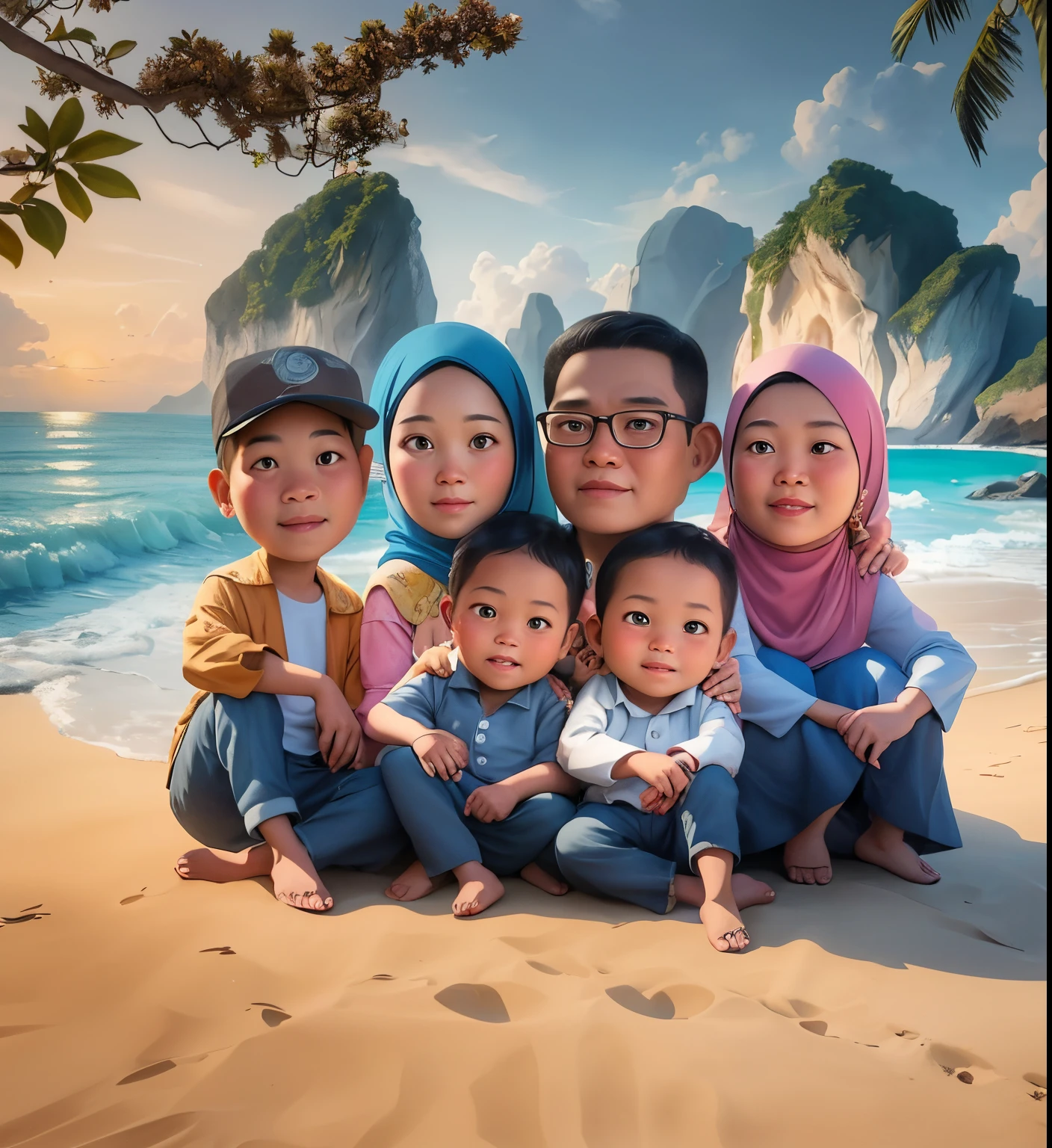 there are a group of people sitting on a beach together, an indonesian family portrait, happy family, barong family, family portrait, photorealistic!!!!!!! art style, potrait, realism artstyle, in cartoon style, photoshopped, by Abidin Dino, foto realistic, cartoon art, family, surreal realistic, hyperrealistic picture, high quality portrait, vacation photo