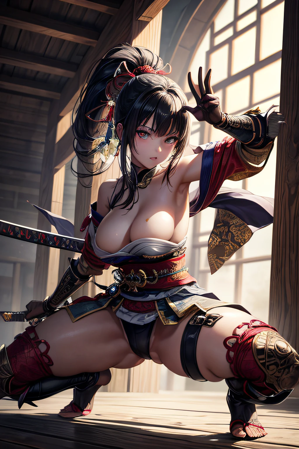 young japanese girl, samurai, evil look,,combat stance, wielding a sword, highly detailed, full body view, vibrant appearance, creative behavior, extremly detailed, imaginative, sensual, spontaneous, highest quality, skin texture, intricate details, (cinematic lighting), RAW photo, 8k, masterpiece,best quality,ultra-detailed,very detailed illustrations,extremely detailed,intricate details,highres,super complex details,extremely detailed 8k cg wallpaper,