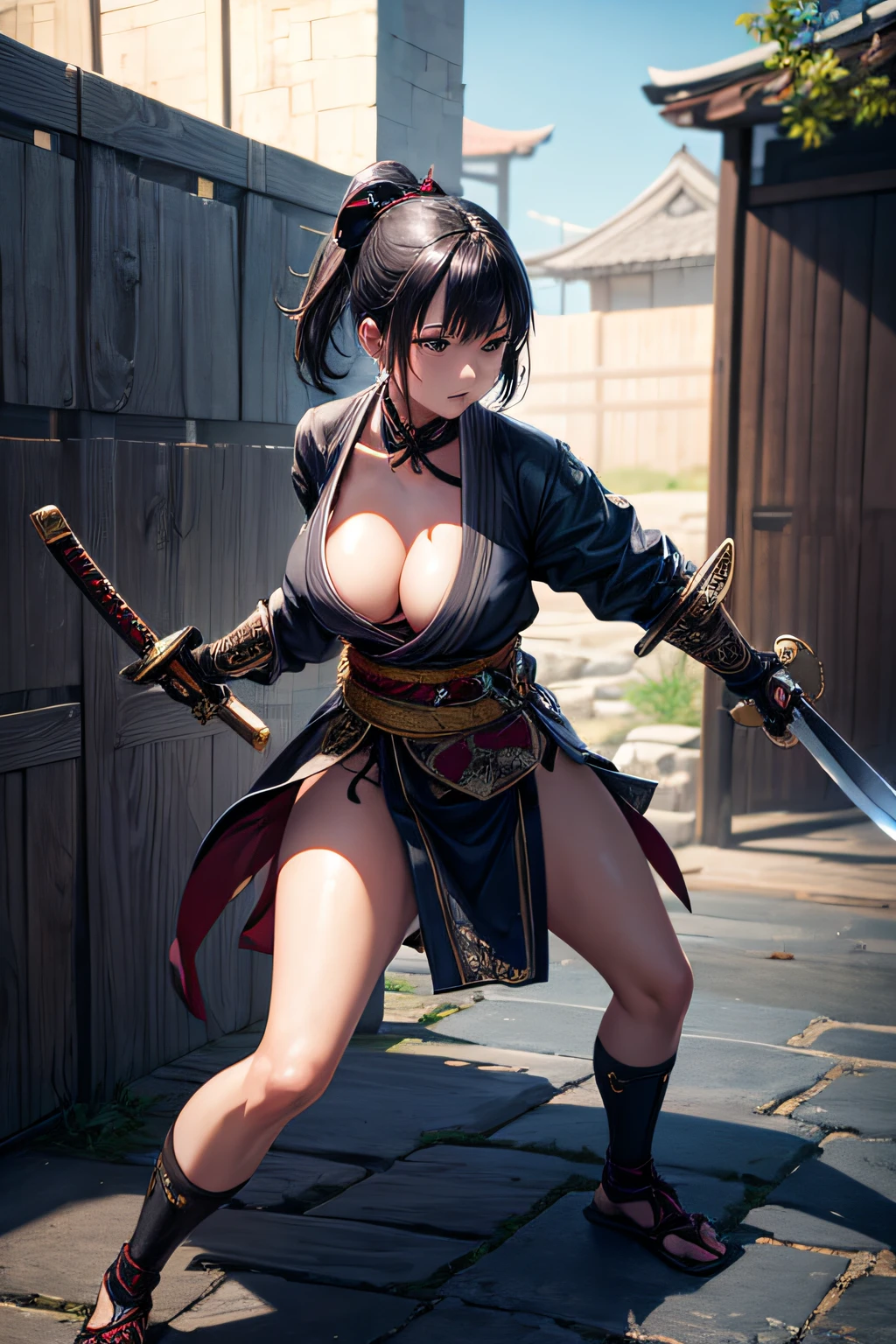 young japanese girl, samurai, evil look,,combat stance, wielding a sword, highly detailed, full body view, vibrant appearance, creative behavior, extremly detailed, imaginative, sensual, spontaneous, highest quality, skin texture, intricate details, (cinematic lighting), RAW photo, 8k, masterpiece,best quality,ultra-detailed,very detailed illustrations,extremely detailed,intricate details,highres,super complex details,extremely detailed 8k cg wallpaper,