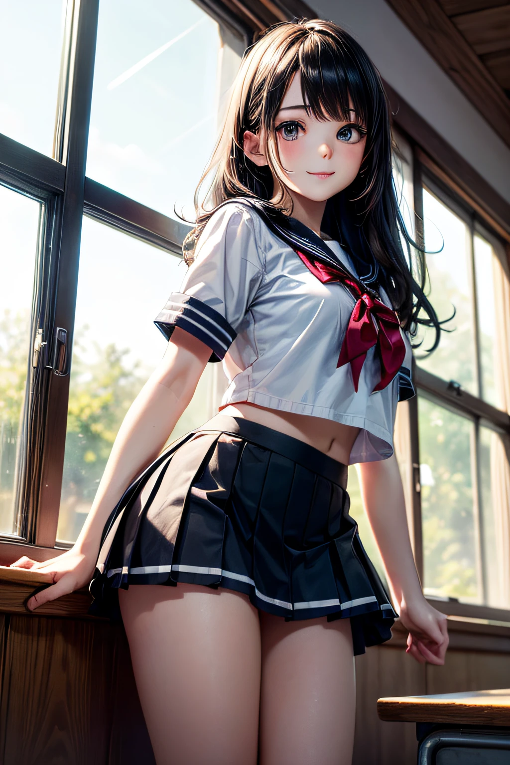 Very cute and beautiful girl,(very detailed beautiful face and eyes:1.2),
Smile,Sailor School Uniform,(Mini skirt),(Cowboy Shot),(From below),Black hair,Dynamic Pose,Beautiful legs,
Wooden Classroom,window,Distant trees々Yamori,
(Best Quality,masutepiece:1.2),Intricate details,hight resolution,1 girl,Solo,Cinematic lighting,