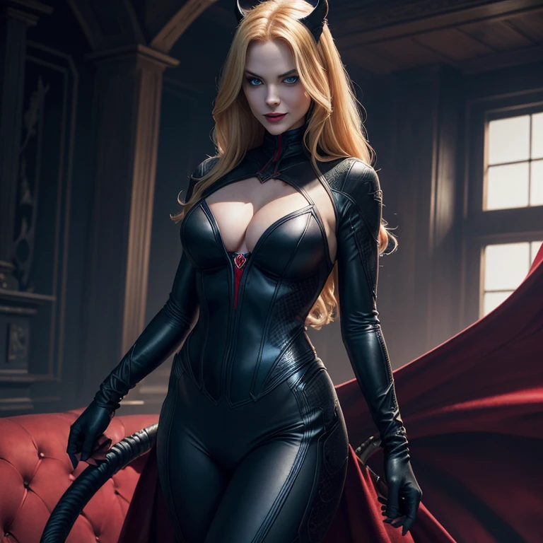 "Describe the facade of a woman who presents herself as malevolent but harbors hidden vulnerabilities, (best quality,ultra-detailed,realistic,photorealistic:1.2), big blue and red eyes, red and black catwoman outfit, evil smile, (no mask), blonde heir, horn, vampire tooth, ass view, evil tail, sowrd is in hand