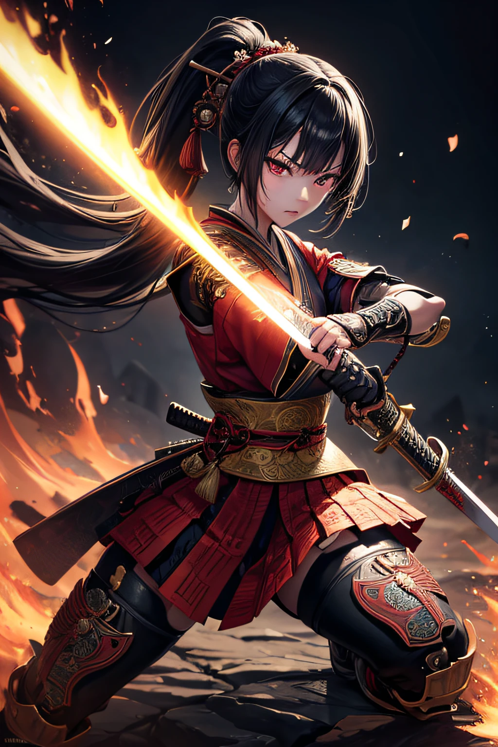 young japanese girl, samurai, evil look,,combat stance, wielding a sword, highly detailed, full body view, vibrant appearance, creative behavior, extremly detailed, imaginative, sensual, spontaneous, highest quality, skin texture, intricate details, (cinematic lighting), RAW photo, 8k, masterpiece,best quality,ultra-detailed,very detailed illustrations,extremely detailed,intricate details,highres,super complex details,extremely detailed 8k cg wallpaper,