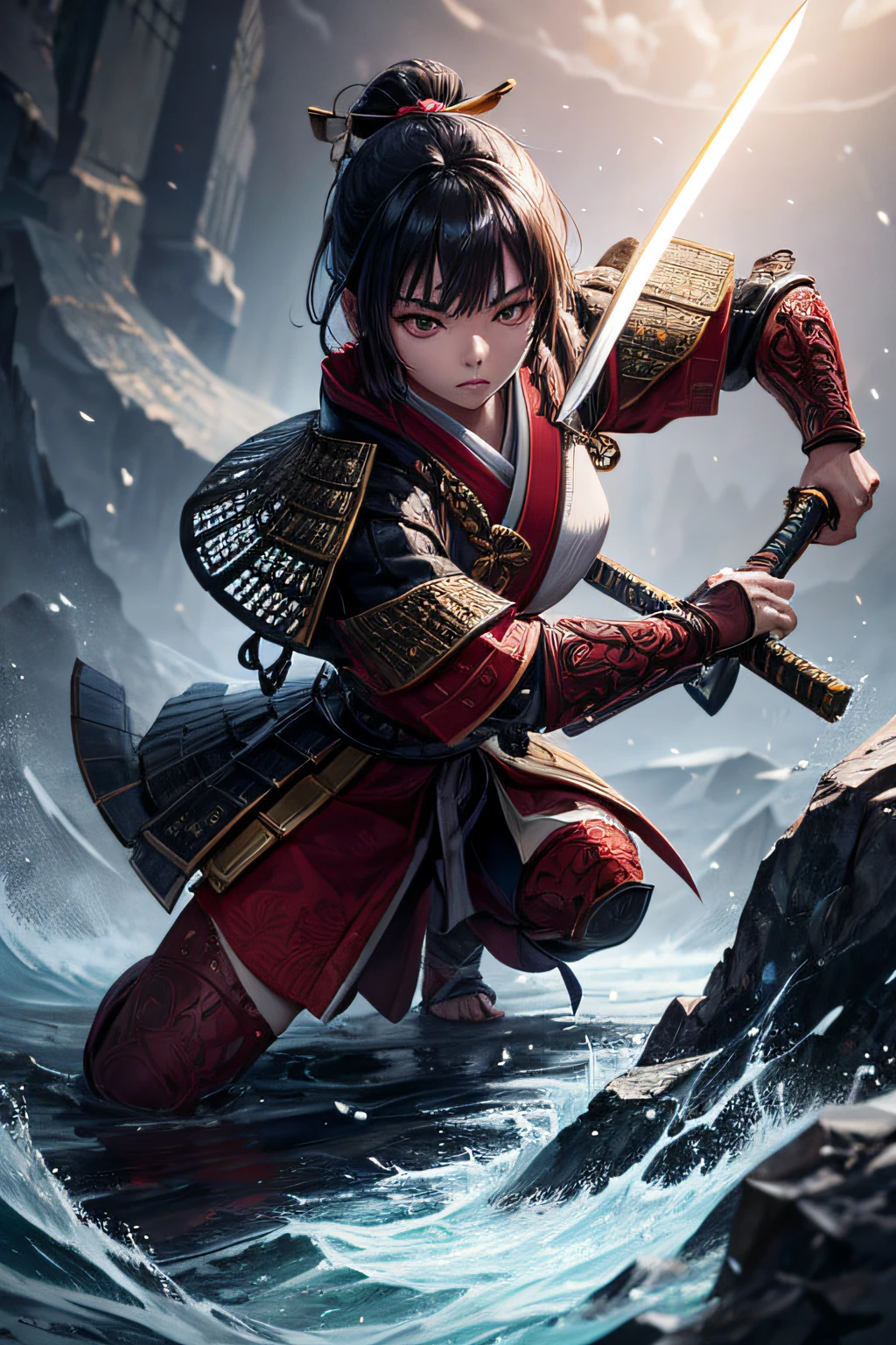 young japanese girl, samurai, evil look,,combat stance, wielding a sword, highly detailed, full body view, vibrant appearance, creative behavior, extremly detailed, imaginative, sensual, spontaneous, highest quality, skin texture, intricate details, (cinematic lighting), RAW photo, 8k, masterpiece,best quality,ultra-detailed,very detailed illustrations,extremely detailed,intricate details,highres,super complex details,extremely detailed 8k cg wallpaper,