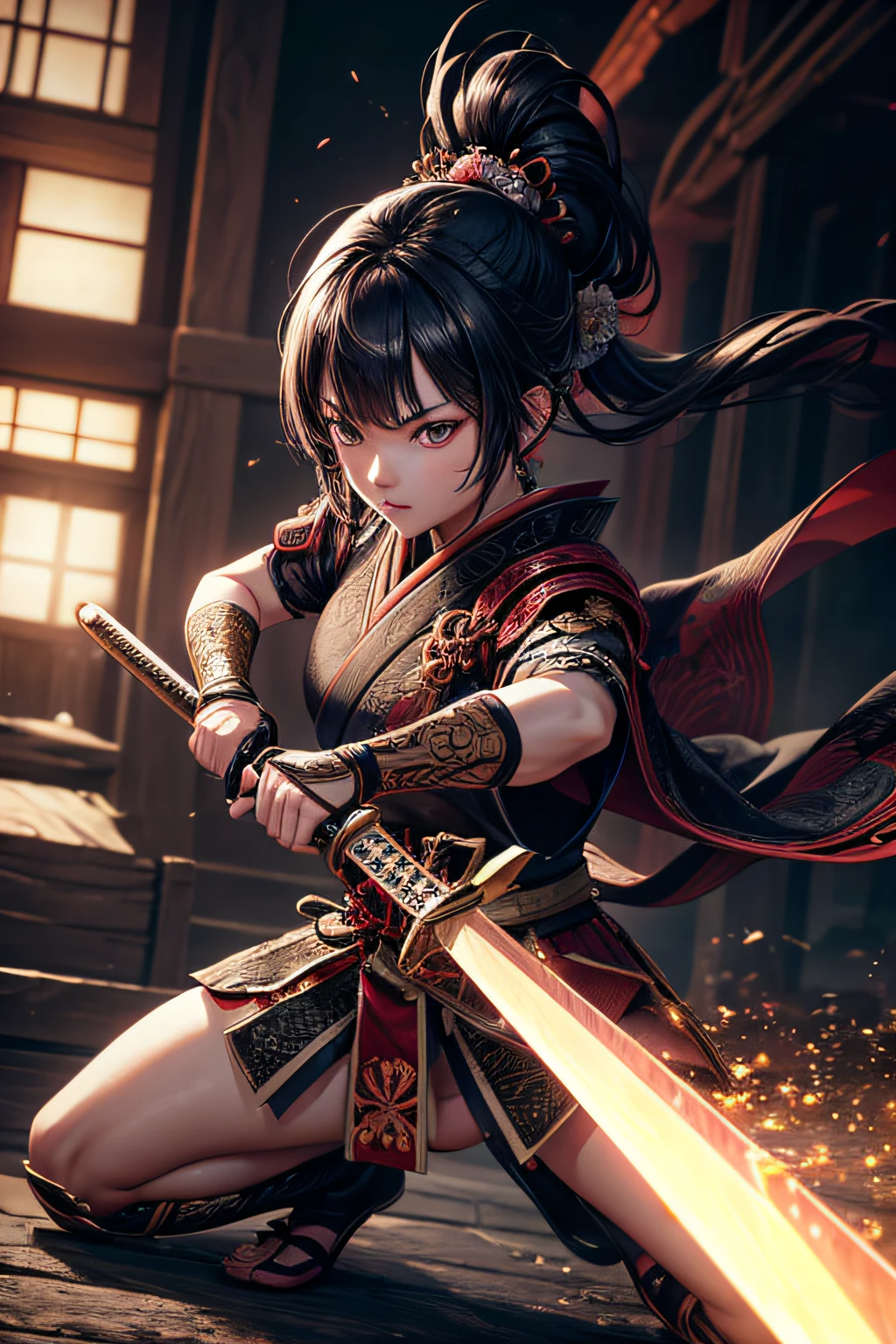 young japanese girl, samurai, evil look,,combat stance, wielding a sword, highly detailed, full body view, vibrant appearance, creative behavior, extremly detailed, imaginative, sensual, spontaneous, highest quality, skin texture, intricate details, (cinematic lighting), RAW photo, 8k, masterpiece,best quality,ultra-detailed,very detailed illustrations,extremely detailed,intricate details,highres,super complex details,extremely detailed 8k cg wallpaper,
