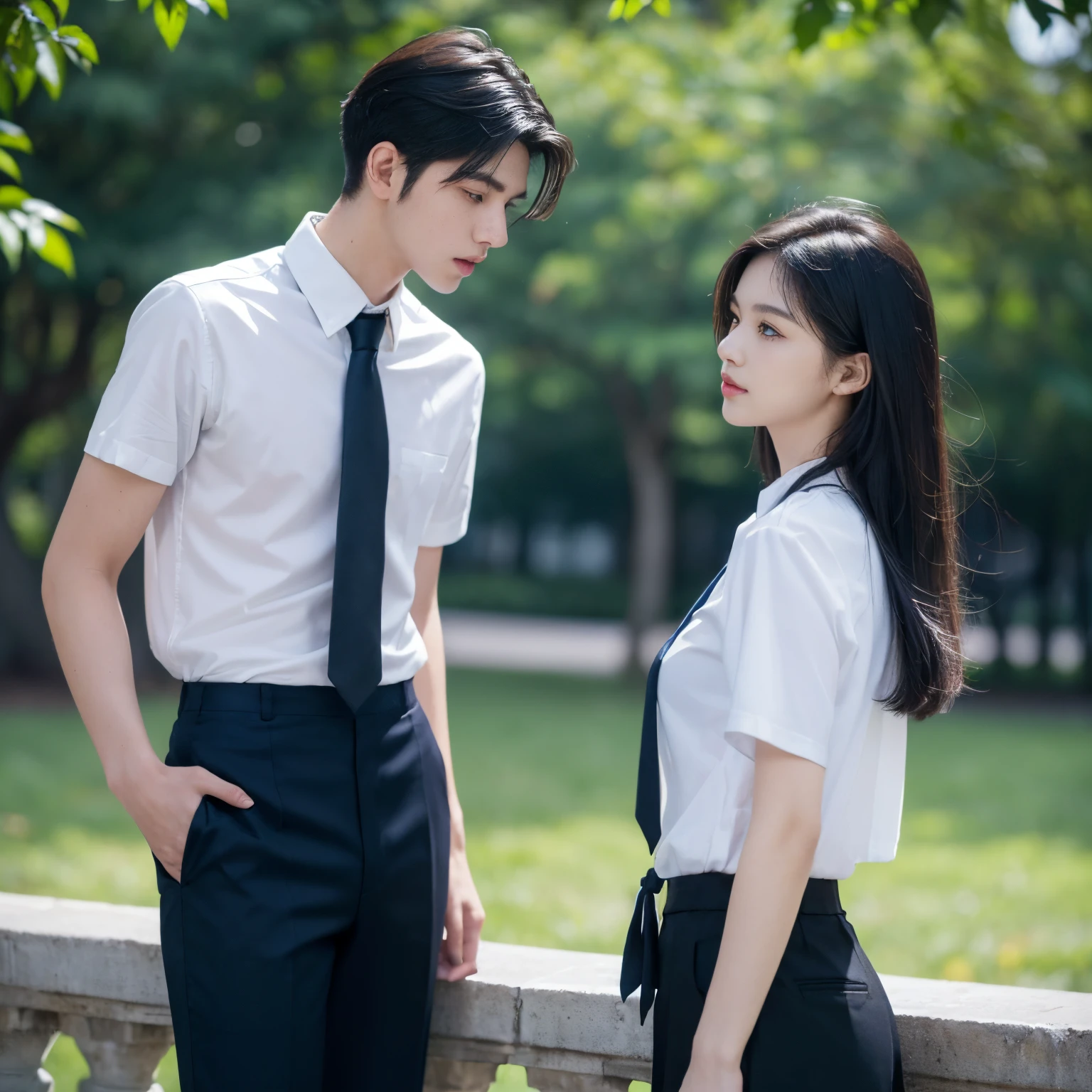 (best quality:1.1) ,(photography:1.1), ( highly details:1.1), (high resolution), (Beautiful faces in every datial), (Realistic himan skin), (two guys), (park of university background),((1beautiful female, 19-year-old white skin long black brown hair, wear short sleeve white shirt, dark blue the skinny tie, dark blue skirt), Standing and talk with (1handsome male, 19-year-old white skin male, black hair, wear short sleeve white shirt, dark blue the skinny tie, dark blue pants)).