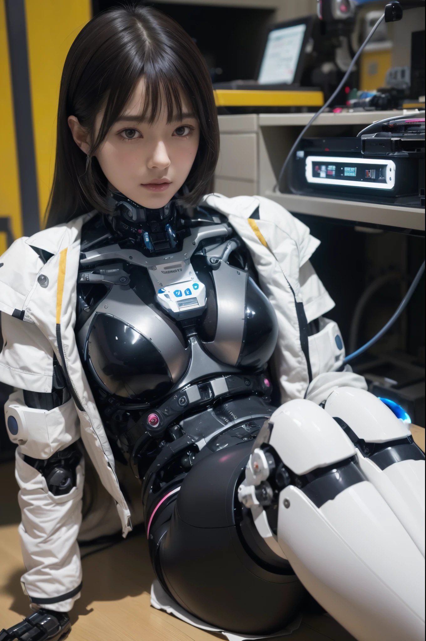 masterpiece, best quality, (photorealistic:1.4), (RAW photo)(8K, 4K, Best Quality, hight resolution, 超A high resolution:1.1), (masutepiece, Realistic, Photorealsitic:1.1), 1girl in, Japaese Cyborg Girl,Plump , announcer,control panels,android,Droid,Mechanical Hand, ,clothes with a sense of mechanical technology, Robot arms and legs, Black Robot Parts,Black hair,Mechanical body,Blunt bangs,White abdomen,White robotics parts,tube dress,perfect robot woman,perfect android woman, perfect mechanical woman,future laboratory,android factory,cyborg factory,robot factory,cyber pank,charging spot,long tube,thick cable connected her neck,bowing,maintainance her,repaired her,full eyes,dark black tights,a bit chubby