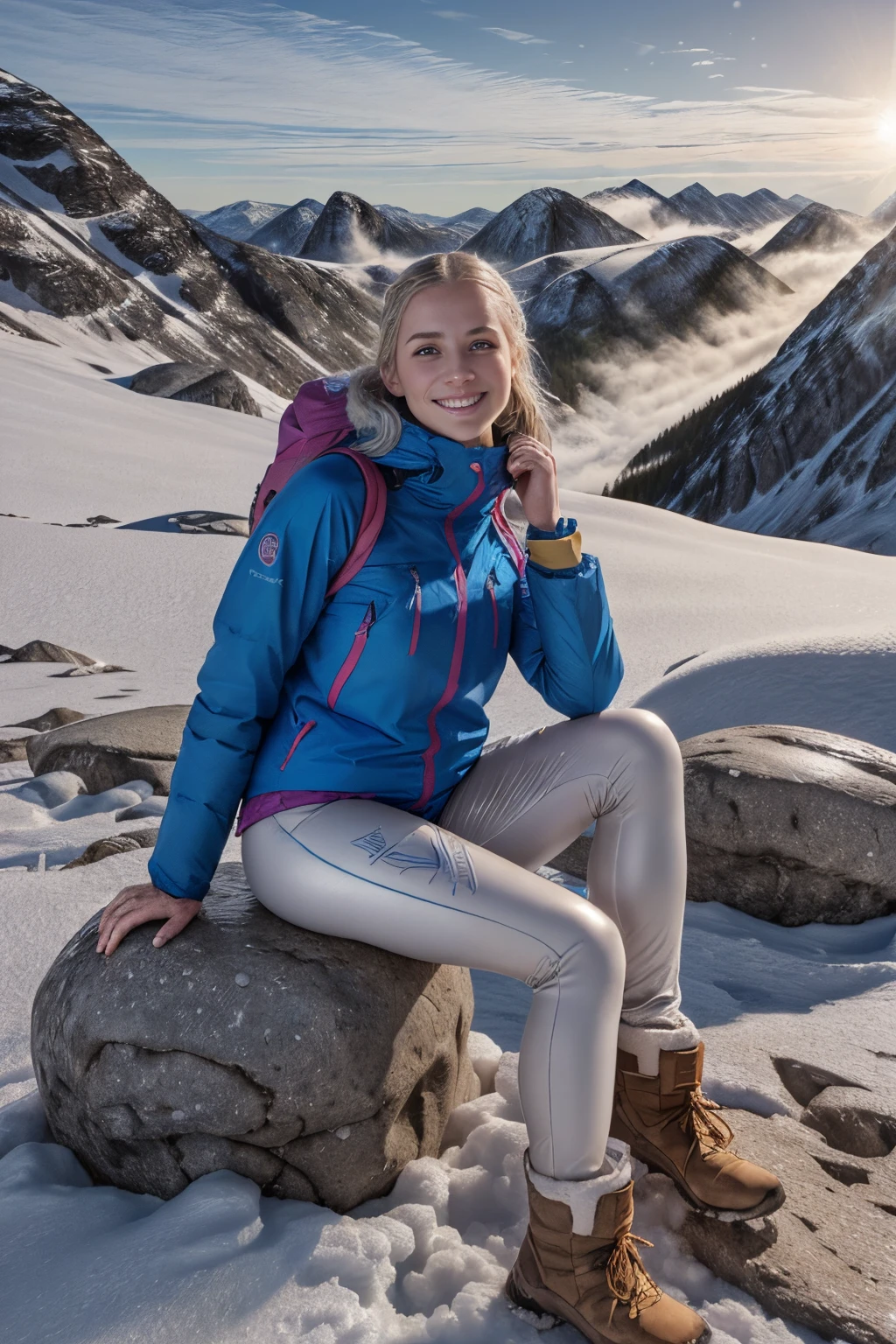 Naturescape photography; mountain climbing; Full body view; (1woman:0.5, solo), (slender body), (Small breasts) , (soaking wet red Norrøna Trollveggen shell jacket , hiking tights , wet wear, hiking boots, big rucksack), ((sitting on a rock with her legs folded)), ((sheltered by a big boulder from the snowdrift )), Rough track, boulders , (long yellow hair), (nordic girl, 26-year-old, ultra delicate face, ultra Beautiful face, ultra delicate eyes, ultra detailed nose, ultra detailed mouth, ultra detailed facial features, natural skin, blemishes, blue eyes), (smile: 1.0) (breasts are small: 0.5) (face  shiny:0.8), (natural skin:1),(heavy winter snow fall, mountain views, with rugged Norwegian mountain ranges in the distance ), (Highest Quality, hyper-realistic:1.3, Super dense, very detailed illustration, Best image quality, very detailed illustration) natural skin, blemishes, detail skin texture, full body pose, natural skin poors, (((shot straight from the front )))  blizzard