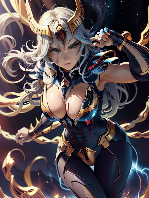 obra-prima, melhor qualidade, ultra alta res, armadura, alta resolução, foto crua, 1 , pele brilhante, (pele de detalhe: 1.2), textura de pele realista, best ilumination, sem capacete, brilho, clivagem da mama, bikini sexy armor, lighting dramatic, dinamic pose, (fundo do templo grego: 1.1), (noite: 1.2), (night  sky), cosmos, milky ways, armadura dourada, (decote), Phoenix_Ikkeios enormes), pele bronzeada,  cabelo preto, (prata peito guarda: 1.3), (capacete), camisa azul, vulkan, lava, serious face