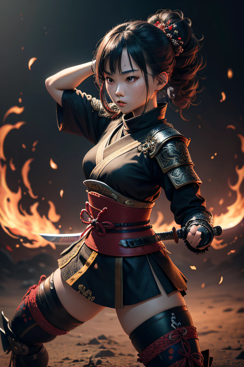 young japanese girl, samurai, evil look,,combat stance, wielding a sword, highly detailed, full body view, vibrant appearance, creative behavior, extremly detailed, imaginative, sensual, spontaneous, highest quality, skin texture, intricate details, (cinematic lighting), RAW photo, 8k, masterpiece,best quality,ultra-detailed,very detailed illustrations,extremely detailed,intricate details,highres,super complex details,extremely detailed 8k cg wallpaper,