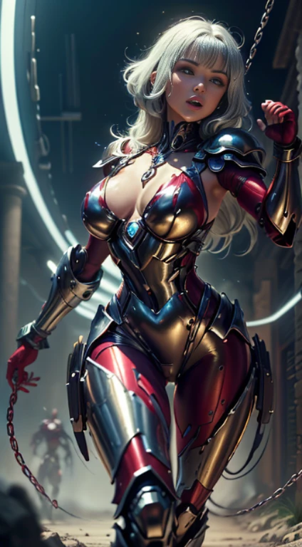zero_megamanx, ((long blonde hair, ponytail, glowing blue eyes, red and black color armor, makeup, narrow waist, skinny, medium breasts)), pelvic curtain, ((black panties, red bra)), full body, perfect body, (insanely detailed, beautiful detailed face, masterpiece, best quality) , (((solo))), (((1robot))), (((mature))), (extremely detailed 8k paper CG wall unit: 1.1), (cyberpunk, street, night), (smile face for the viewer), mechanical parts, robot joints