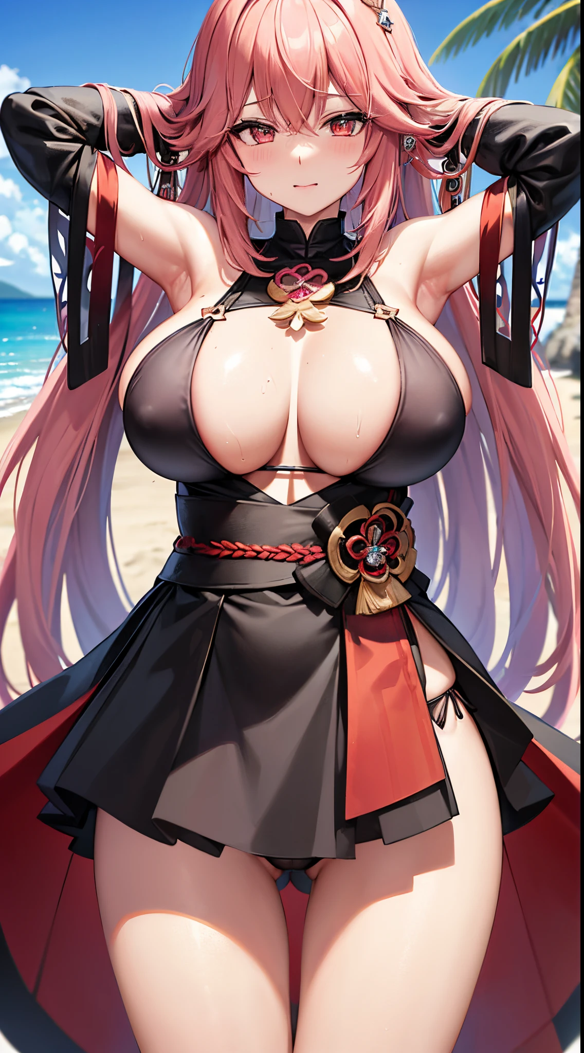 Yae miko - genshin impact, yae miko, genshin impact, black bikini, black panties, big breast, midriff, wet body, detailed face, detailed body render, high quality, highres, girl, solo, hands behind head, sexy, blush, plump thighs, (at beach)