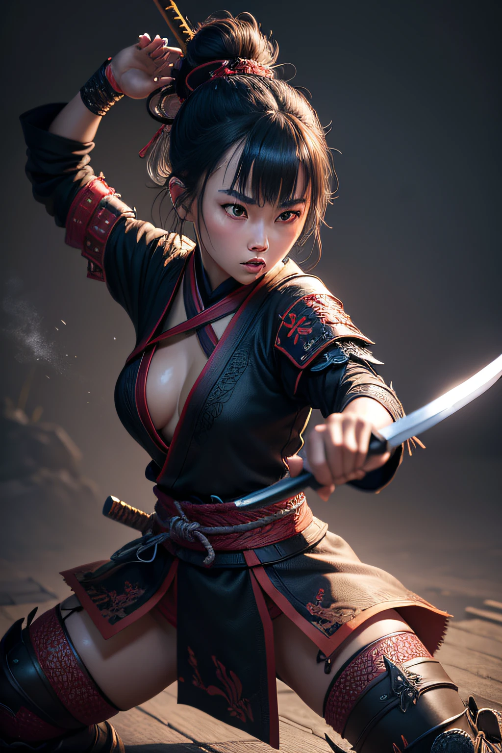 young japanese girl, samurai, evil look,,combat stance, wielding a sword, highly detailed, full body view, vibrant appearance, creative behavior, extremly detailed, imaginative, sensual, spontaneous, highest quality, skin texture, intricate details, (cinematic lighting), RAW photo, 8k, masterpiece,best quality,ultra-detailed,very detailed illustrations,extremely detailed,intricate details,highres,super complex details,extremely detailed 8k cg wallpaper,
