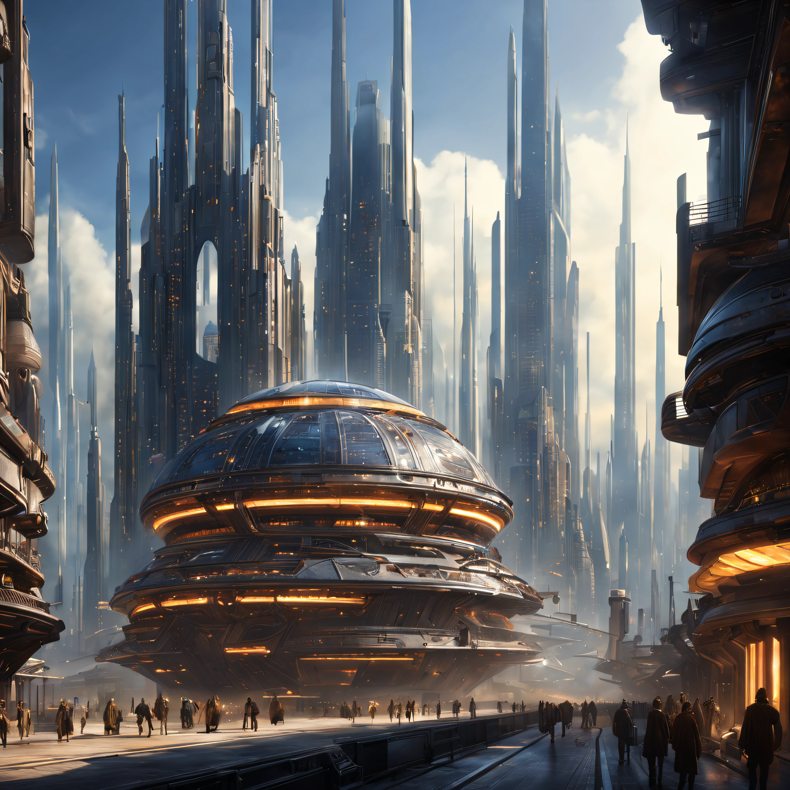 (The city of Coruscant from Star Wars as designed by Doug Chiang), futuristic fantasy city with immense buildings of technological design (que forman una avenida infinita), edificios compactor no difuminados con aspecto metalico, luces en ventanas en edificios, iluminacion diurna con sol, con estructuras acristaladas espectaculares, (con colores vivos). pavimento ensolado (sin brillo). gente paseando. imagen bien definida con muchos edificios juntos. imagen nitida bien definida 8k. los edificios llegan alta el fondo.,8k. imagen cinematografica