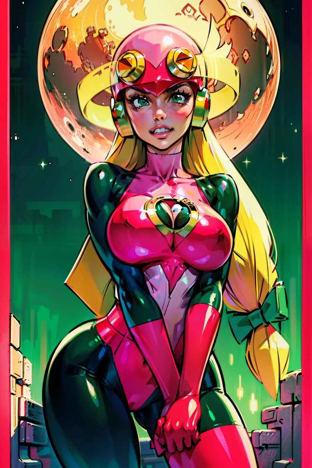 Waifu, masterpiece, curvy, breasts, moon, full moon, gloves, 1girl, clenched teeth, cleavage, large roll_exe_megamanbn,(helmet),blonde hair,long hair,leotard,green eyes,pink bodysuit,bodysuit,, breasts, teeth, ((roll_exe:1.2)), rating:explicit,rule34, , tits,clenched hands, night, sky, ((pink bodysuit:1.4)),(white skin:1.4), clenched hand, rating:questionable, (((long blonde hair:1.5))), solo, angry, lip biting, official illustration, illustration, detailed face, beautiful intricate eyes, curvy milf, 1:2), closeup, titsnipples