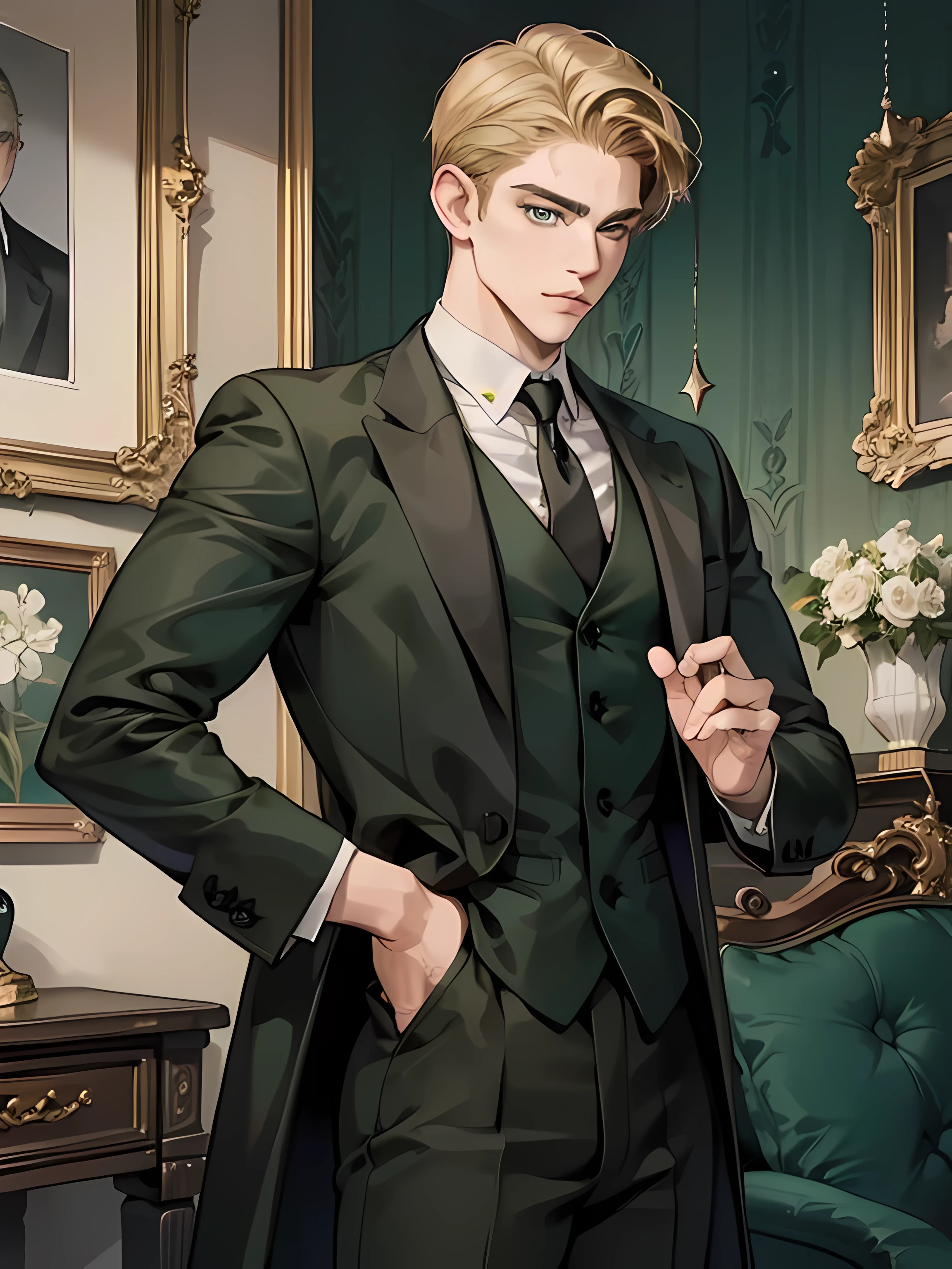 masterpiece, best quality, realistic, 1man, mature male, quiet and charming young man, 18 years old, look serious, closed mouth, portrait, extremely detailed face, smirk, ((dark green eyes)), ((short-side-swept sandy blonde hair)), [thick eyebrows], living-room, ((black suit))