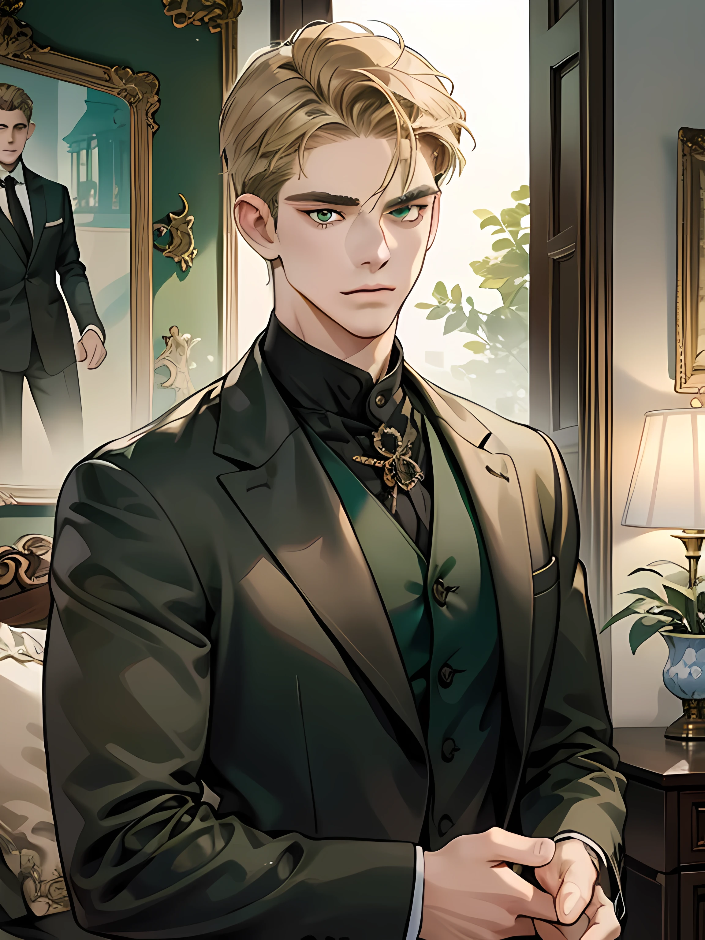 masterpiece, best quality, realistic, 1man, mature male, quiet and charming young man, 18 years old, look serious, closed mouth, portrait, extremely detailed face, smirk, ((dark green eyes)), ((short-side-swept sandy blonde hair)), [thick eyebrows], living-room, ((black suit))