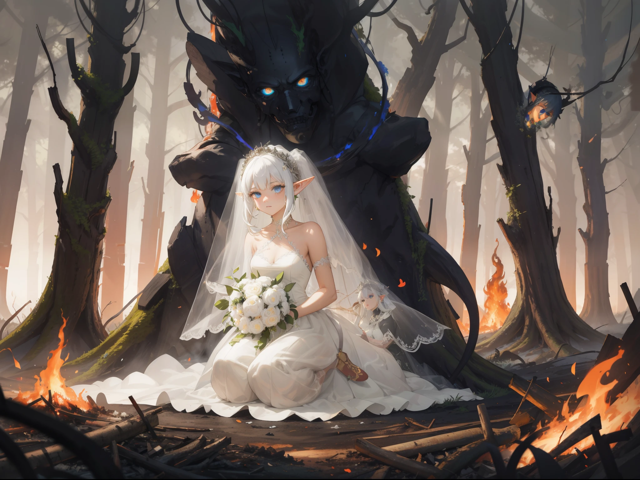 (masterpiece, best quality, ultra-detailed, best shadow), (beautiful detailed face:1.3),(solo), A beautiful elf girl in (torn dirty wedding dress:1.3)  kneeling amidst rubbles of a war-torn fallen forest, (people running:1.2), (smoke, smog, fire:1.3), somber, innocence and devastation, (elf), 1girl, (Bangs, sidelock, white hair, blue eyes:1.2), (Broken tree effect:1.1), aesthetic, Cinematic lighting, art style by Artgerm, by Yusuke Murata, by Kawacy