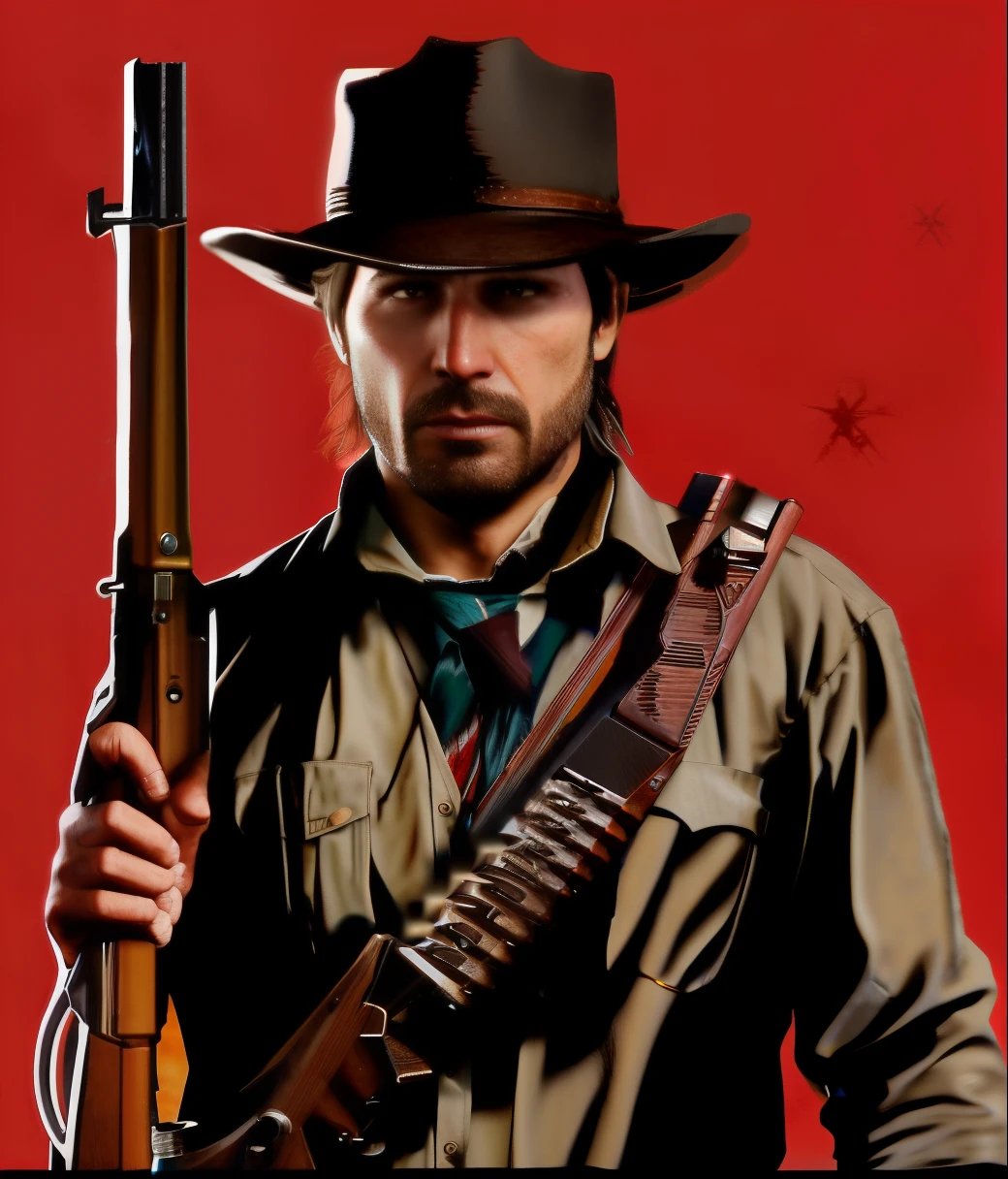 (Masterpiece), (foto raw), ( hiper-realist), a photo of a man in a cowboy hat holding a rifle, Arthur Morgan, Jessé McCree, [ mortos vermelhos ], Em Red Dead Redemntion 2, Red Dead Redemption art style, red dead redemption2, red dead redemption 2, Em Red Dead Redemption 2, red dead redemption, RDR2, RDR 2 Mod |, dead redemption, Rockstar Games Arte, Velho Oeste