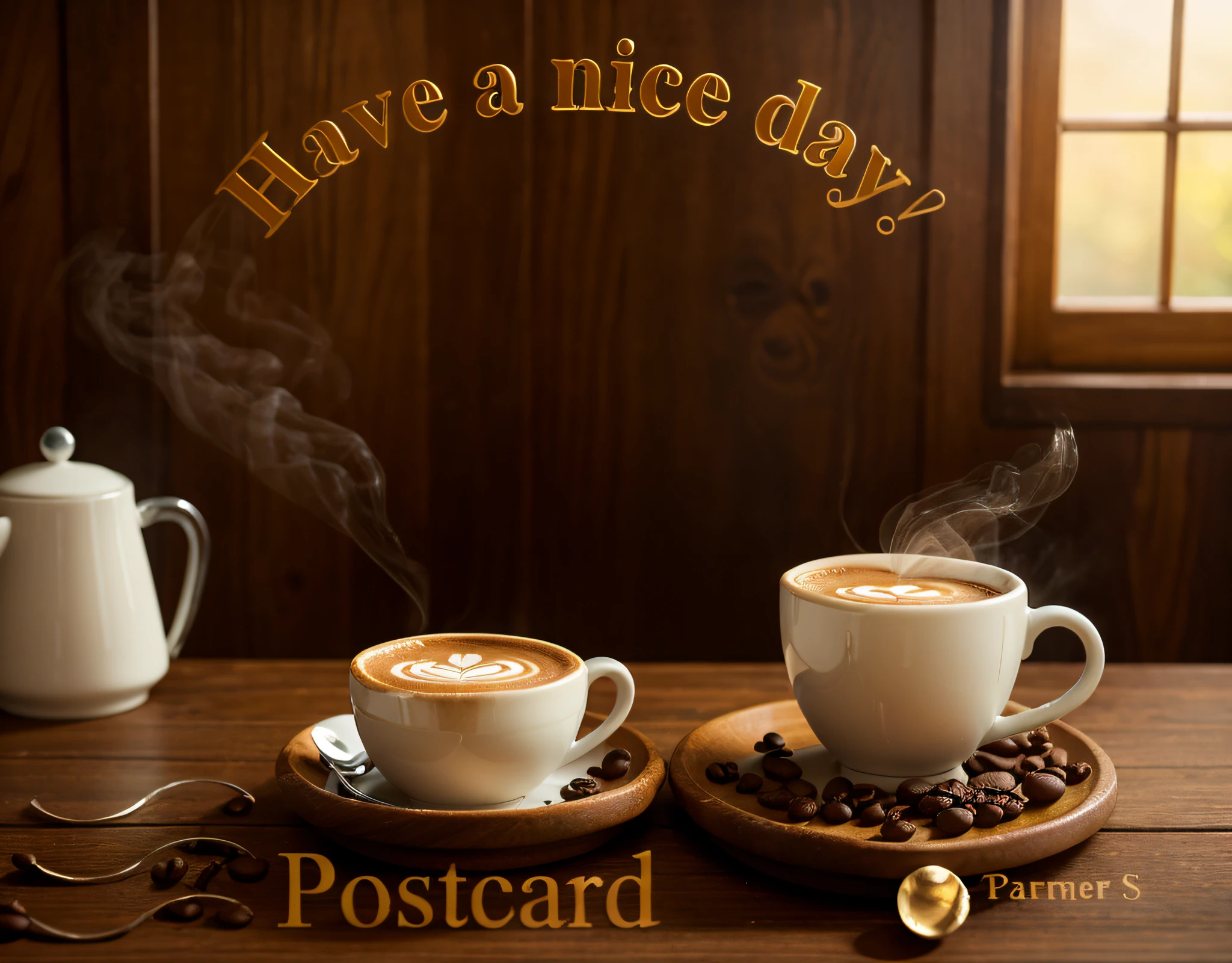 there a postcard with a picture of a cup of aromatic cappuccino and a plate of delicious dessert, (coffee steam:1,2), stand for coffee and dessert on a wooden tray, Happy!!!, Morning coffee, ƒ/3.5, ƒ / 3. 5, ƒ/2.5, ƒ / 2. 5, Good afternoon, Day, subdued tones, postprocessed), very very happy!, Orus!, beutiful!