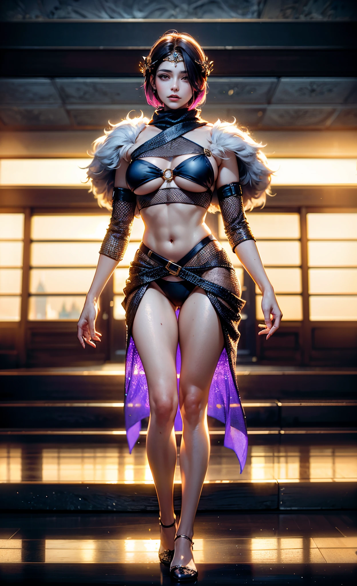 A beautiful woman, short purple hair, long bangs covering her left eye, a headband on her forehead, an exquisite and charming face, a mysterious gaze, a faint smile, draped over her shoulders  a thick fur scarf connected to sleeves made of the same fur, a fantasy-style bikini outfit, showcases her delicate and alluring figure, a fur belt around her waist, the background features a cracked giant stone in the wilderness emitting an eerie glow, this character embodies a finely crafted fantasy-style female villain in anime style, exquisite and mature manga art style, perfect body, perfect nose, goddess, femminine, high definition, best quality, highres, ultra-detailed, ultra-fine painting, extremely delicate, professional, anatomically correct, symmetrical face, extremely detailed eyes and face, high quality eyes, creativity, RAW photo, UHD, 8k, Natural light, cinematic lighting, masterpiece-anatomy-perfect, masterpiece:1.5