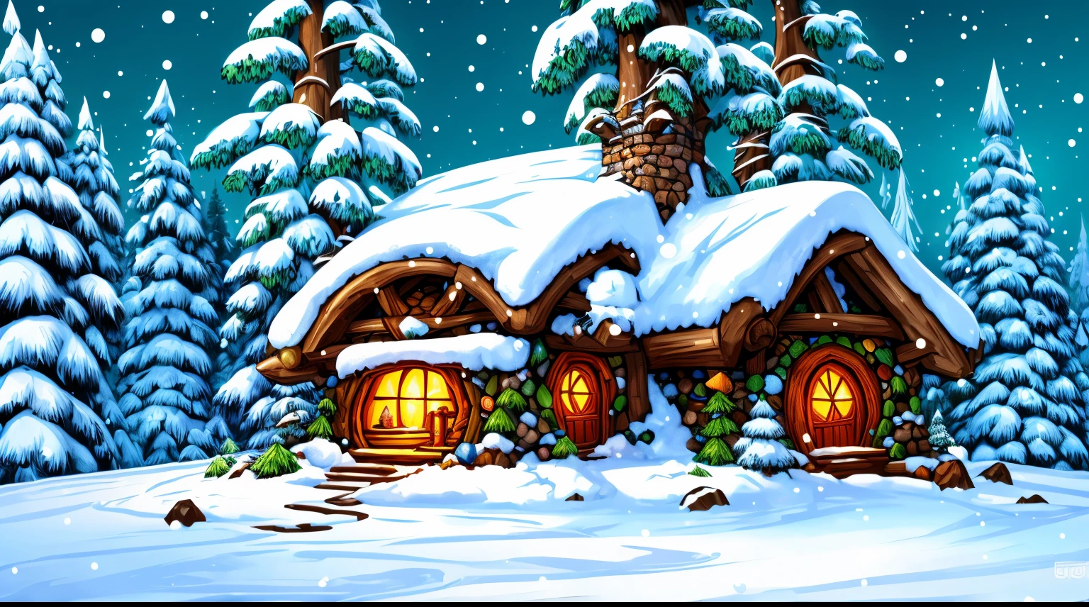 bright, (((cartoon style))), a fantasy druid's lair in winter forest in the center of the image , (winter day), illustration for children, fantasy art, masterpiece, forest in the background, winter, falling snow, detailed, intricate, 4k, art