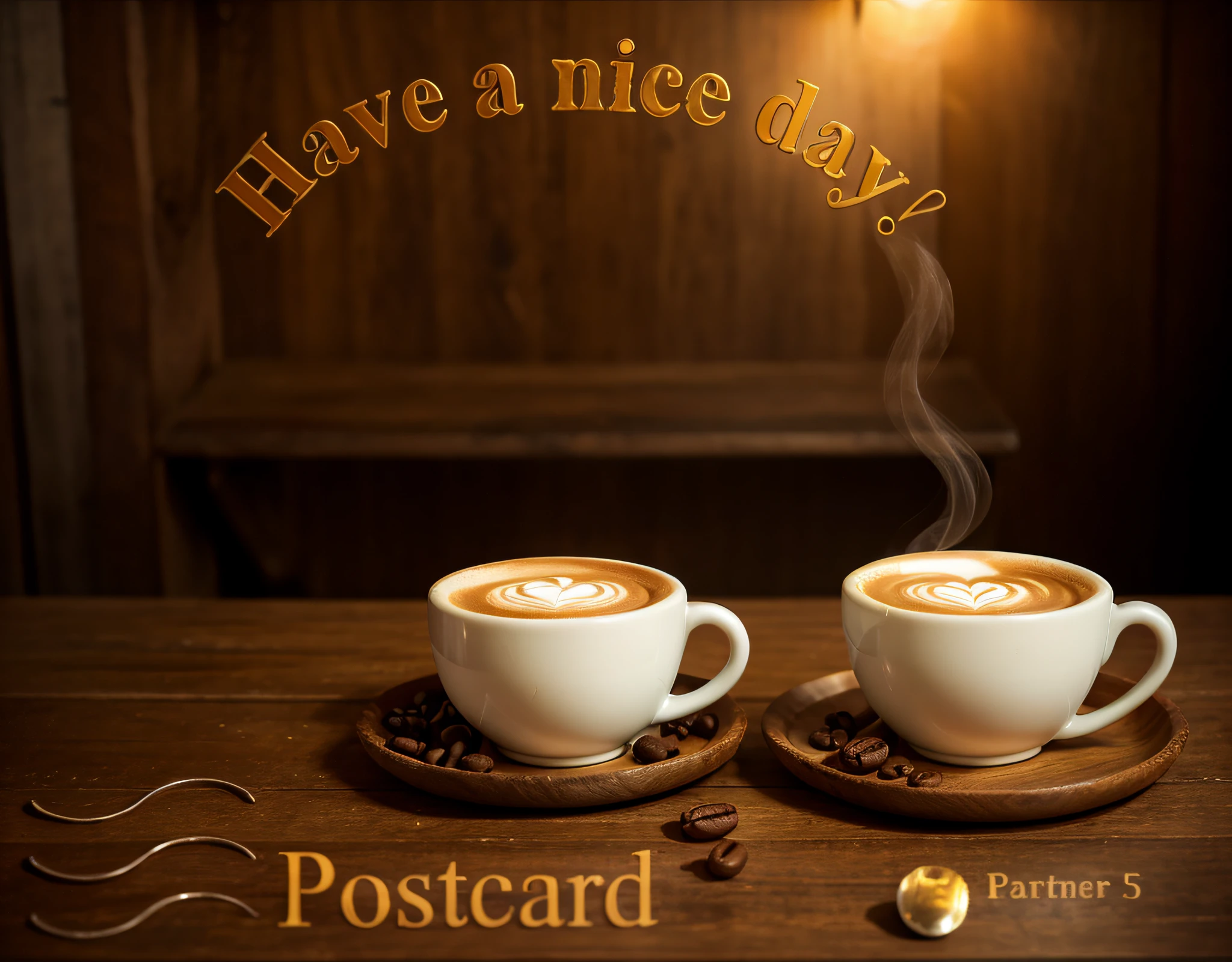 there  a postcard with a picture of a cup of aromatic cappuccino and a plate of delicious dessert, (coffee steam:1,2), stand for coffee and dessert on a wooden tray, Happy!!!, Morning coffee, ƒ/3.5, ƒ / 3. 5, ƒ/2.5, ƒ / 2. 5, Good afternoon, Day, subdued tones, postprocessed), very very happy!, Orus!, beutiful!