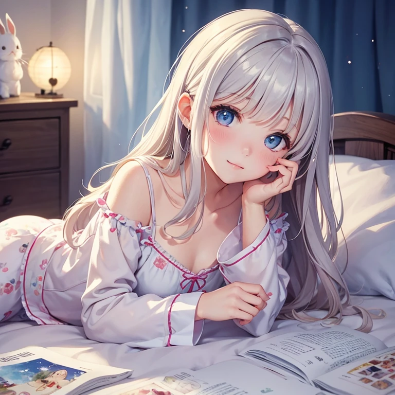 Watercolor, beautiful eyes, one girl, pajamas, lying, cute, beautiful hair. A gorgeous illustration with a sleepy face, a happy dream, a cute stuffed rabbit next to you, and moonlight in the room.