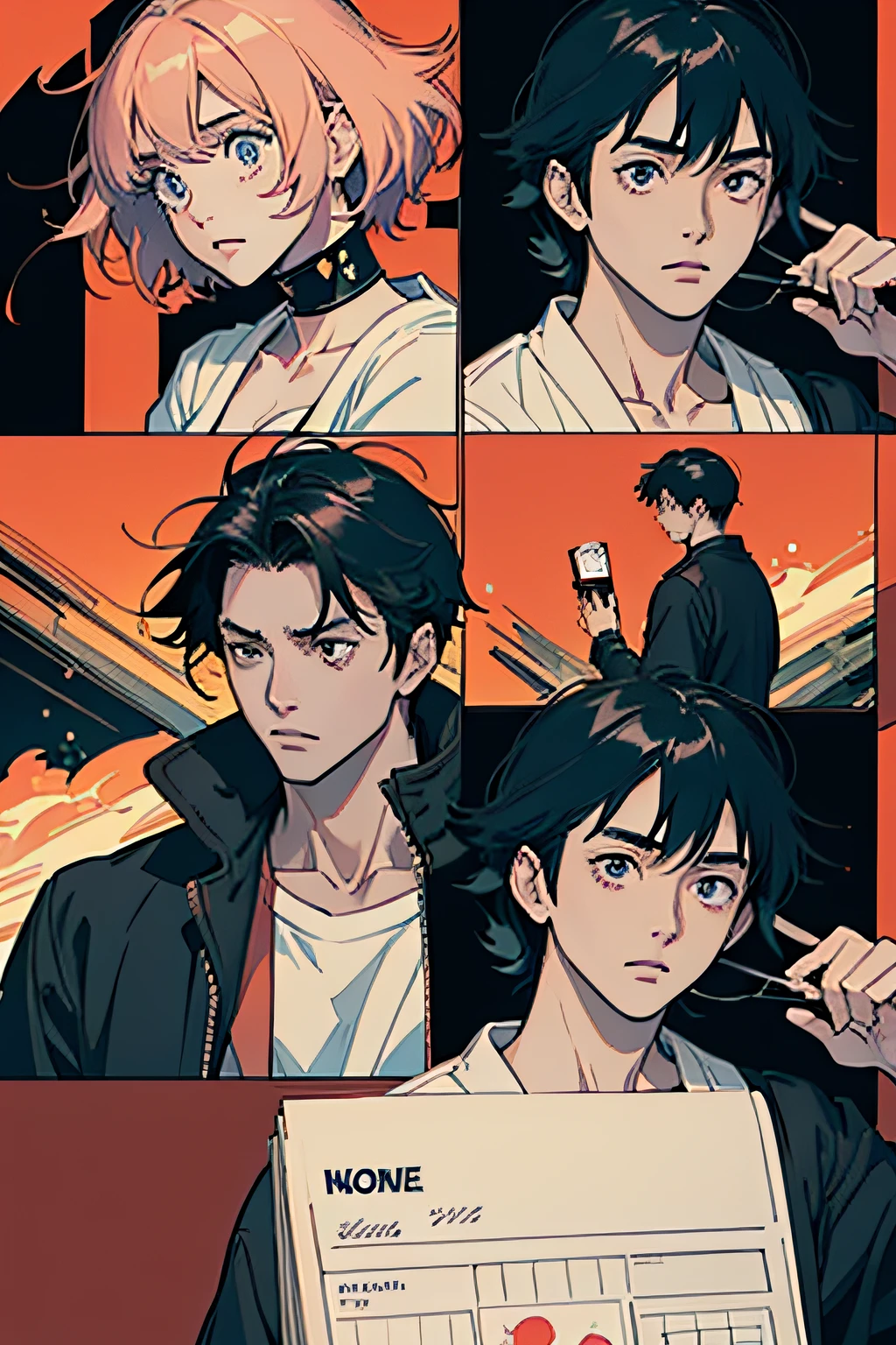 Comic Storyboard:1.8, comic strip, Comic Layout, My favorite manga storyboard, story of a loving couple, anime emoji theme pack, Hyper Hi-Vision, Japanese anime manga style, red background dark sky, 24K UHD.