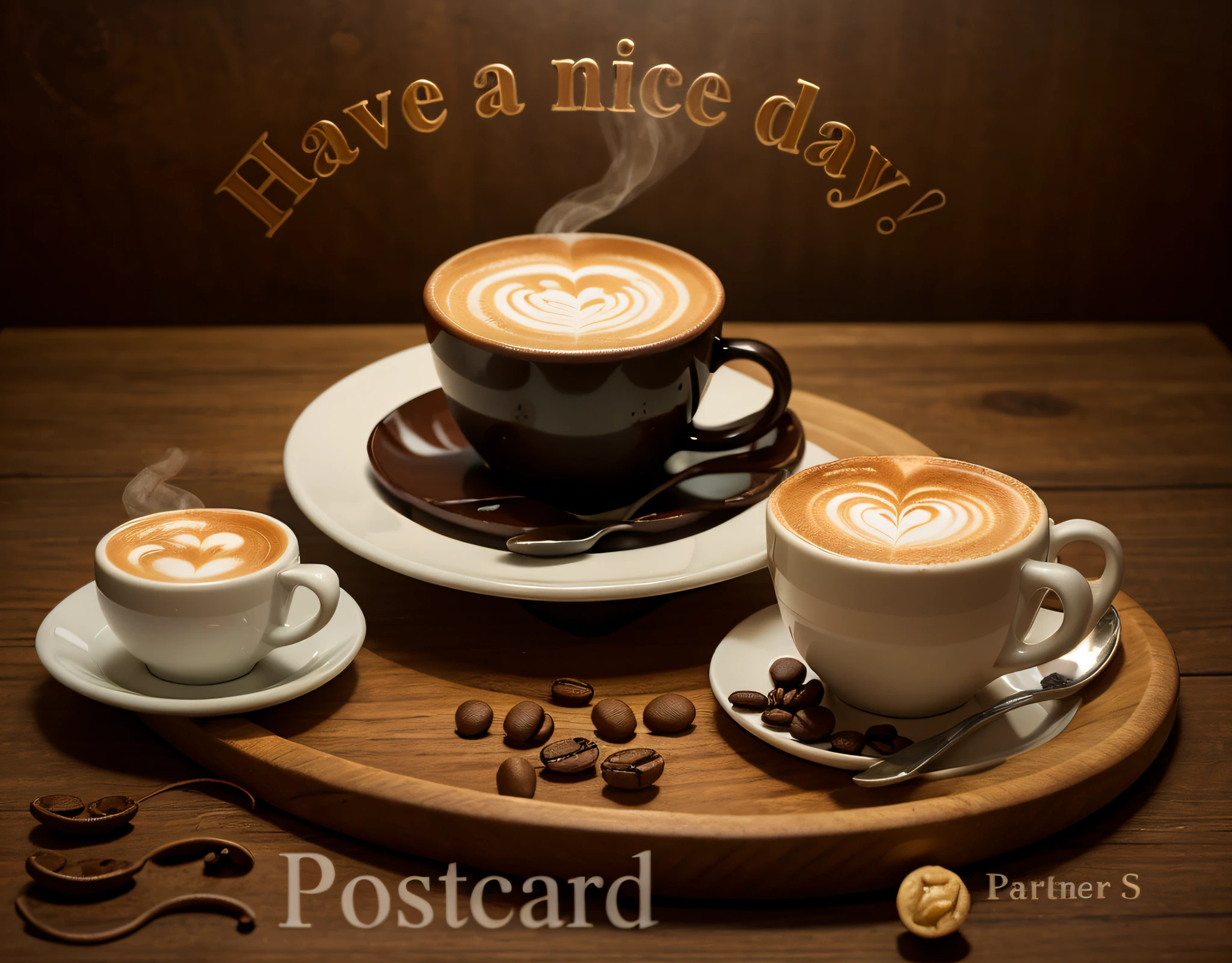 there  a postcard with a picture of a cup of aromatic cappuccino and a plate of delicious dessert, (coffee steam:1,2), stand for coffee and dessert on a wooden tray, Happy!!!, Morning coffee, ƒ/3.5, ƒ / 3. 5, ƒ/2.5, ƒ / 2. 5, Good afternoon, Day, subdued tones, postprocessed), very very happy!, Orus!, beutiful!