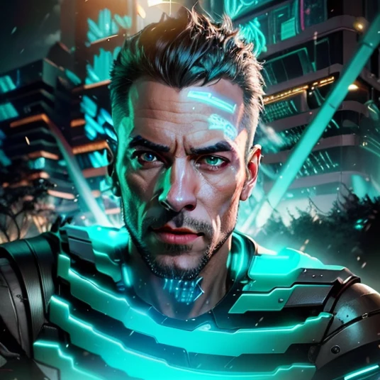 Add this to the image with intense fluorescent illumination, A man with futuristic-style cybernetic implants, em uma cidade cyberpunk, 8k image quality and HDR effect - 3 aspect ratio:2.