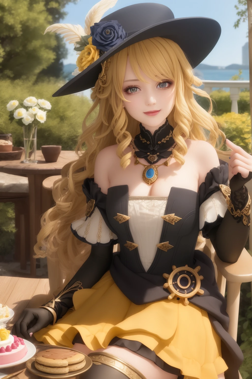 Best quality at best, tmasterpiece, (actual:1.2), 1girl, navia \(genshin impact\) ((yellow curly hair)), hat, thigh boots, detached sleeves, single glove, strapless dress, detached collar, waist cape, necklace, jewelry, looking at viewer, smile, cowboy shot, sitting, garden, outdoors, depth of field, table, chair, macaron, cake