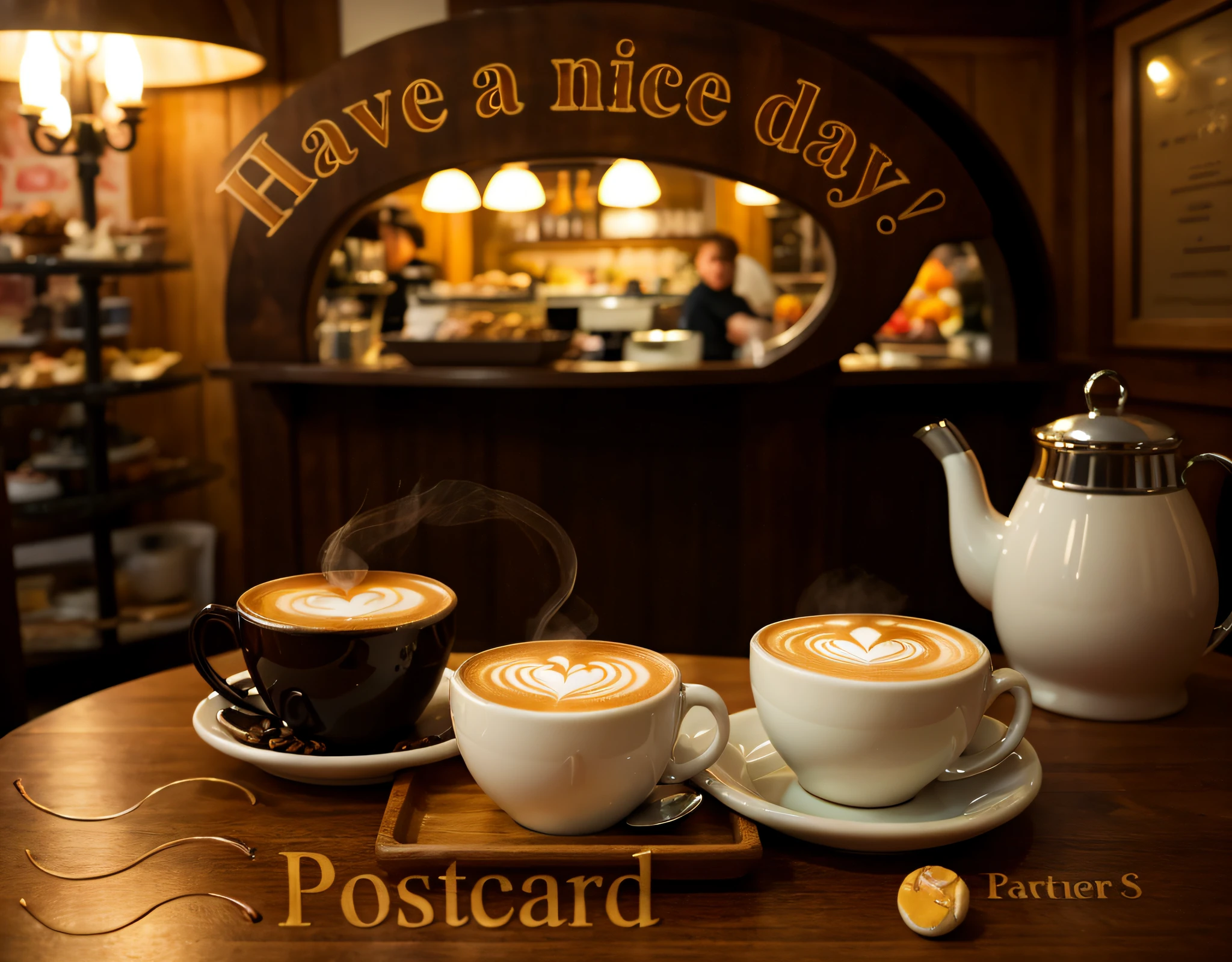 there  a postcard with a picture of a cup of aromatic cappuccino and a plate of delicious dessert, (coffee steam:1,2), stand for coffee and dessert on a wooden tray, Happy!!!, Morning coffee, ƒ/3.5, ƒ / 3. 5, ƒ/2.5, ƒ / 2. 5, Good afternoon, Day, subdued tones, postprocessed), very very happy!, Orus!, beutiful!