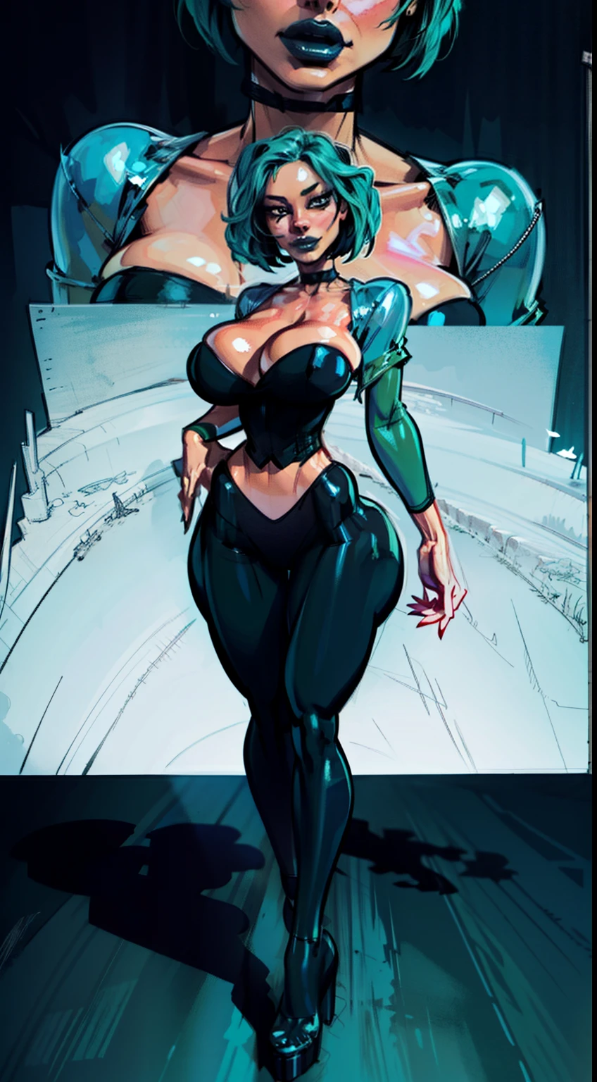 ((gwen)), full body pose, dynamic image, perfect anatomy, perfect composition, detailed face, Toyal drama island, ((detailed face)) , Female in middle of image,(( official art)), concept character, character design, sketch,doodletits,, sexy lips, (gigantic breasts:1.1), skindentation, breasts,black leggings, official illustration, illustration, detailed face, beautiful intricate eyes, curvy milf, 1:2), closeup, titsnipples, hourglass waist, slendered ans, wide hips,