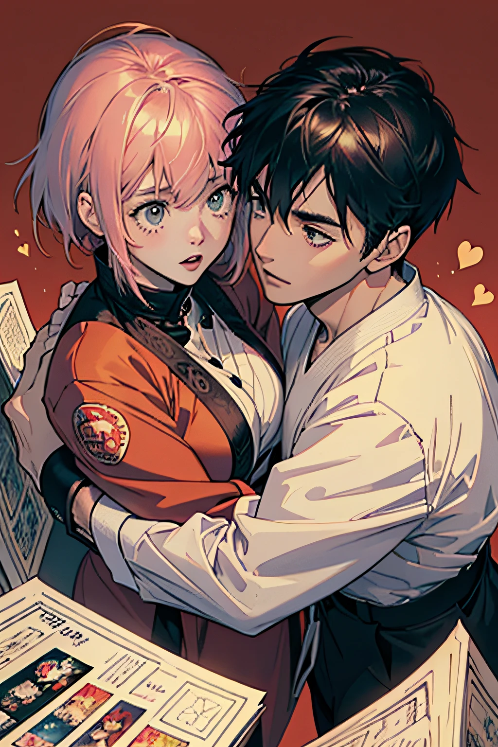 Comic Storyboard:1.8, comic strip, Comic Layout, My favorite manga storyboard, story of a loving couple, anime emoji theme pack, Hyper Hi-Vision, Japanese anime manga style, red background dark sky, 24K UHD.