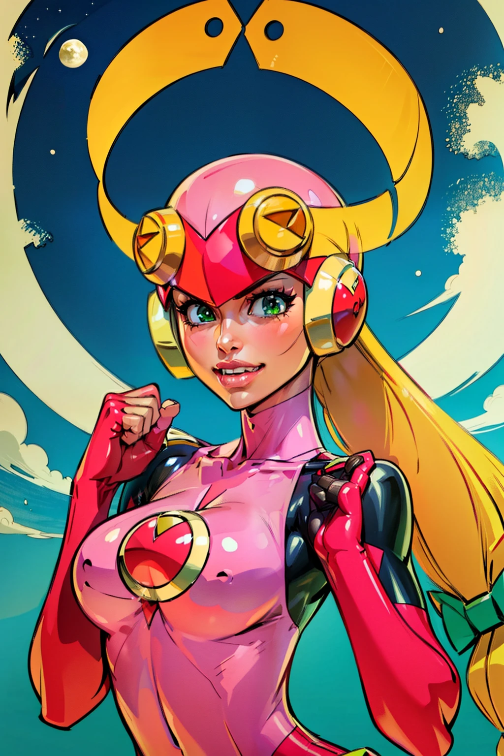 Waifu, masterpiece, curvy, breasts, moon, full moon, gloves, 1girl, clenched teeth, cleavage, large roll_exe_megamanbn,(helmet),blonde hair,long hair,leotard,green eyes,pink bodysuit,bodysuit,, breasts, teeth, ((roll_exe:1.2)), (small breasts), rating:explicit,rule34, , tits,clenched hands, night, sky, ((pink bodysuit:1.4)),(white skin:1.4), clenched hand, rating:questionable, (((long blonde hair:1.5))), solo, angry, lip biting, official illustration, illustration, detailed face, beautiful intricate eyes, curvy milf, 1:2), closeup, titsnipples