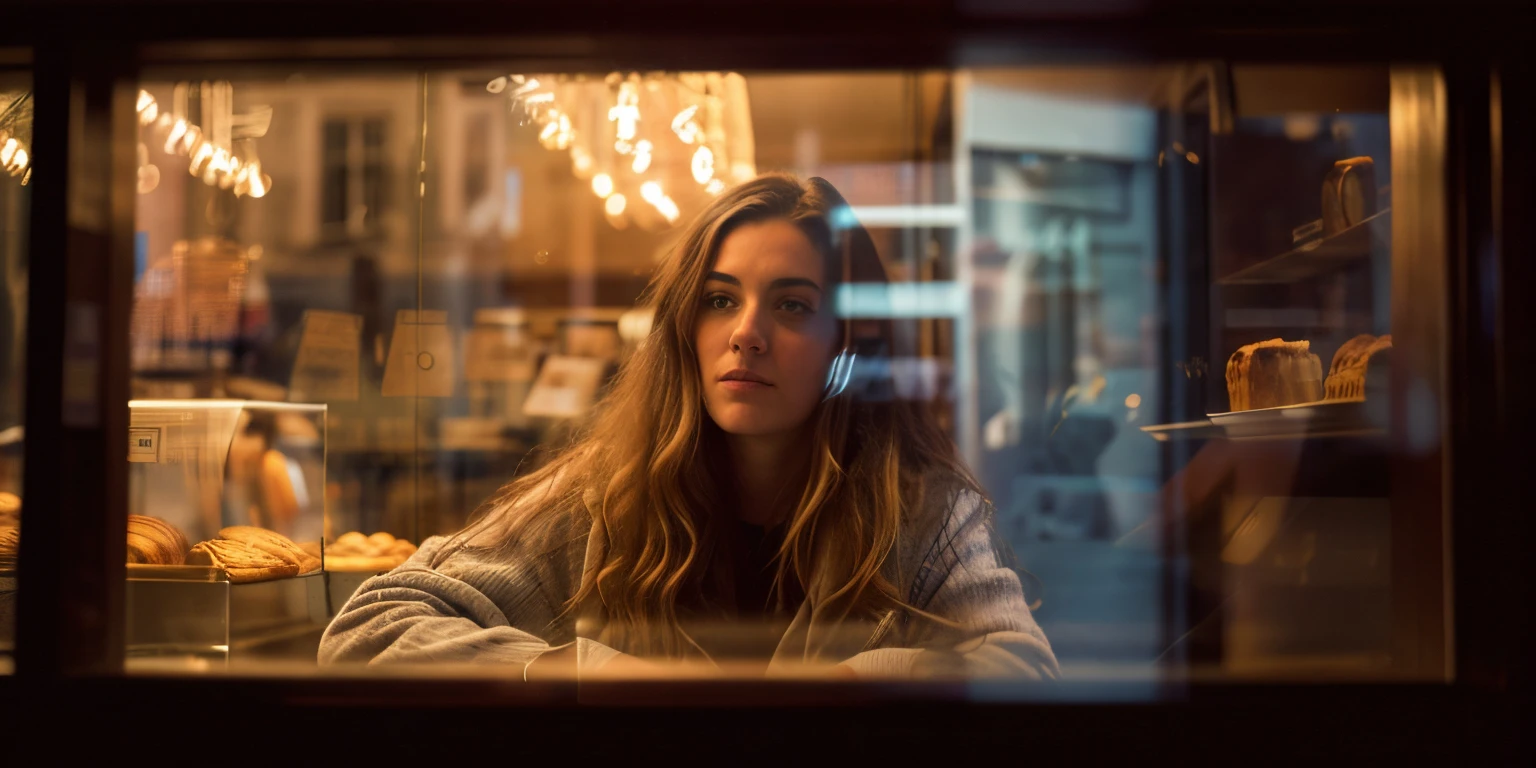 woman looking out of a window at a pastry shop, lofi portrait at a window, looking out a window, looking out window, looking in the window, shot on anamorphic lenses, 50mm portrait, looking out the window, cinematic film still, high quality film still, close-up portrait film still, inspired by Elsa Bleda