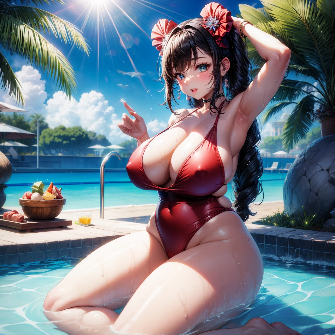 （8K ，hyper-detailing，Super realistic photoest masterpiece，natural，Perfect artwork，Perfect female body），Two cute plump girls），Crystal clear swimming pool，swim ring，Water slides，Cute water doll，Virtual Showcase，red ikintylish hairstyle，Cute red swimsuit girl girl，Cool，Larger lines，slovenly，stretch the meat，nipple bump，The kinky  exposed ，titmouse，Full body photo