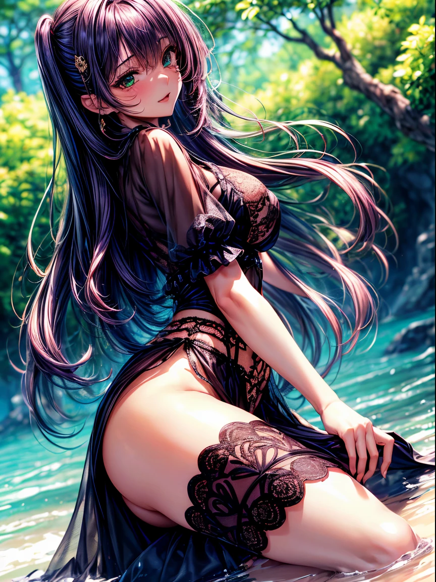(top-quality、tmasterpiece、high resolution、super high image quality), 1girl, 8K, Rei Himiyama, Amakano, dark purple hair, long hair, straight hair to the waist, perfect figure, 20 years old, F Cup, big butt, green eye, (clear eye white part), Vampire costume,pretend to be frightening