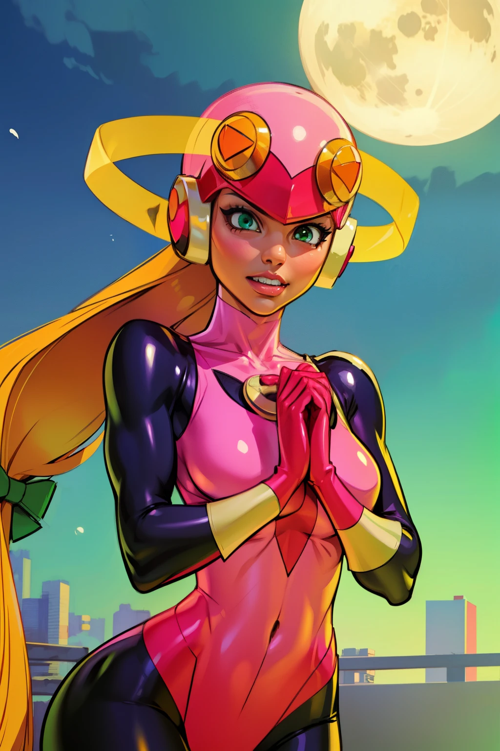 Waifu, masterpiece, curvy, breasts, moon, full moon, gloves, 1girl, clenched teeth, cleavage, large roll_exe_megamanbn,(helmet),blonde hair,long hair,leotard,green eyes,pink bodysuit,bodysuit,, breasts, teeth, ((roll_exe:1.2)), (small breasts), rating:explicit,rule34, , tits,clenched hands, night, sky, ((pink bodysuit:1.4)),(white skin:1.4), clenched hand, rating:questionable, (((long blonde hair:1.5))), solo, angry, lip biting, official illustration, illustration, detailed face, beautiful intricate eyes, curvy milf, 1:2), closeup, titsnipples