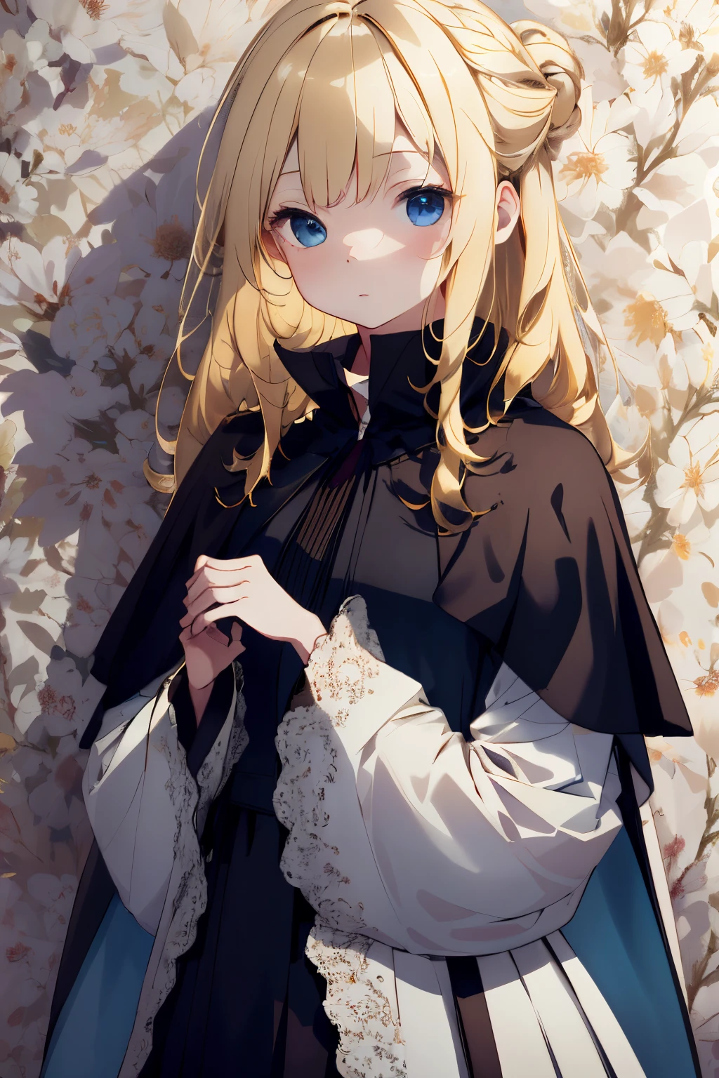 ((Wallpaper 8K)), ((Ultrarealistic)), ((Detailed workest Quality:1.2)), 1girl in, cloaks, Black Dress, Capelet, Blonde hair, up looking, Widespread poverty, updo hair, Long hair, White skin