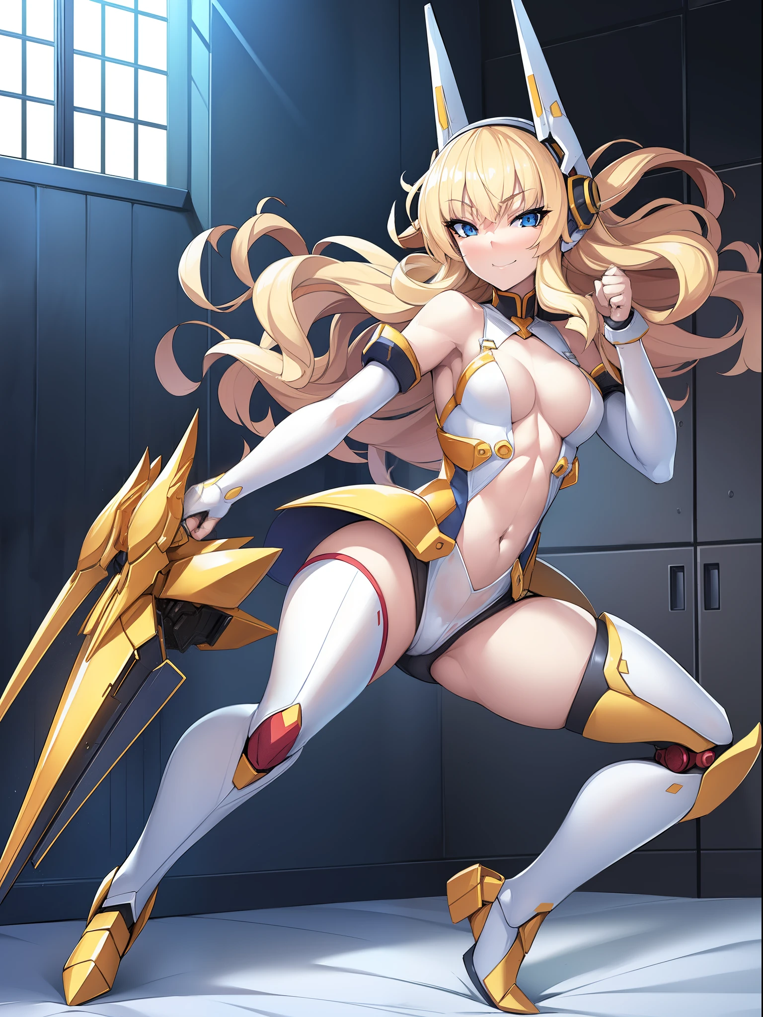 nffsw,,Nipple,Spread ,on the bed,Best Quality, Ultra-detailed 8K CG rendering, masutepiece, High resolution, Extremely detailed,
1 girl, Solo, 17 years old, a blond, Wavy long hair, Blue eyes, Full body, Fighting Pose, Flying, (Small breasts:1.2), Big smile,
Bare shoulder, Glowing white, mecha musume, mechanical leg, Headgear, yellow armor, In SF City