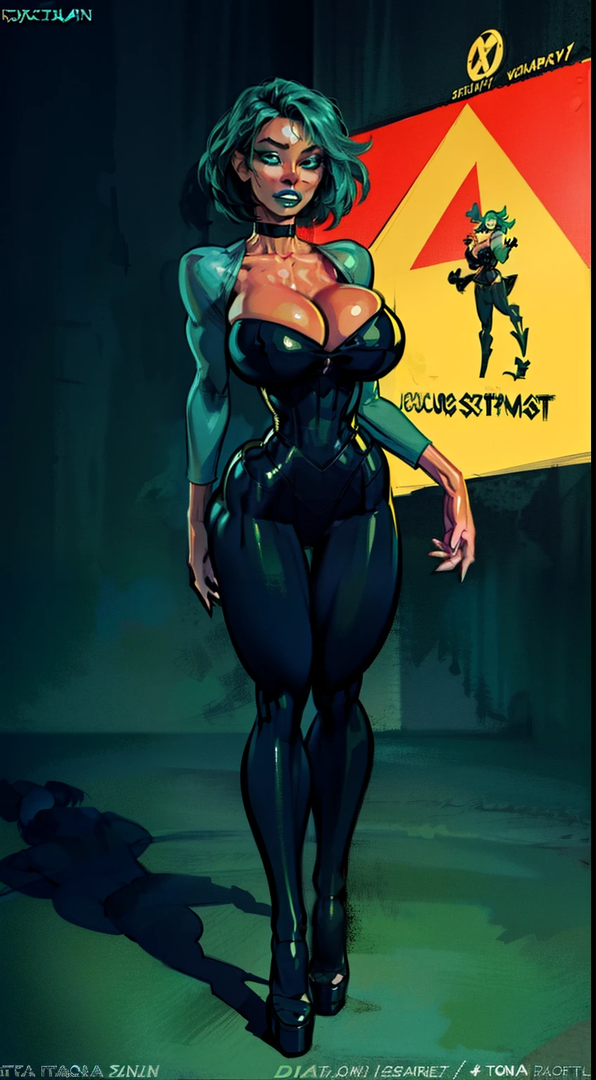 ((gwen)), full body pose, dynamic image, perfect anatomy, perfect composition, detailed face, Toyal drama island, ((detailed face)) , Female in middle of image,(( official art)), concept character, ((teal lipstick)), character design, sketch,doodletits,, sexy lips, (gigantic breasts:1.1), skindentation, breasts,black leggings, official illustration, illustration, detailed face, beautiful intricate eyes, curvy milf, 1:2), closeup, titsnipples, hourglass waist, slendered ans, wide hips,