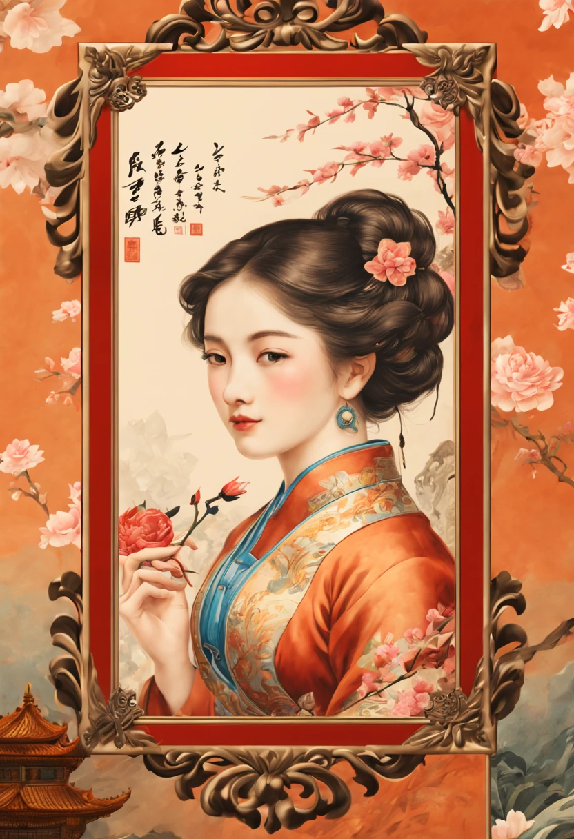 chinese theme, lovely postcards, stamp, envelope, letter, old-fashioned handwriting, ornate frames, intricate, (best quality, masterpiece, Representative work, official art, Professional, unity 8k wallpaper:1.3)