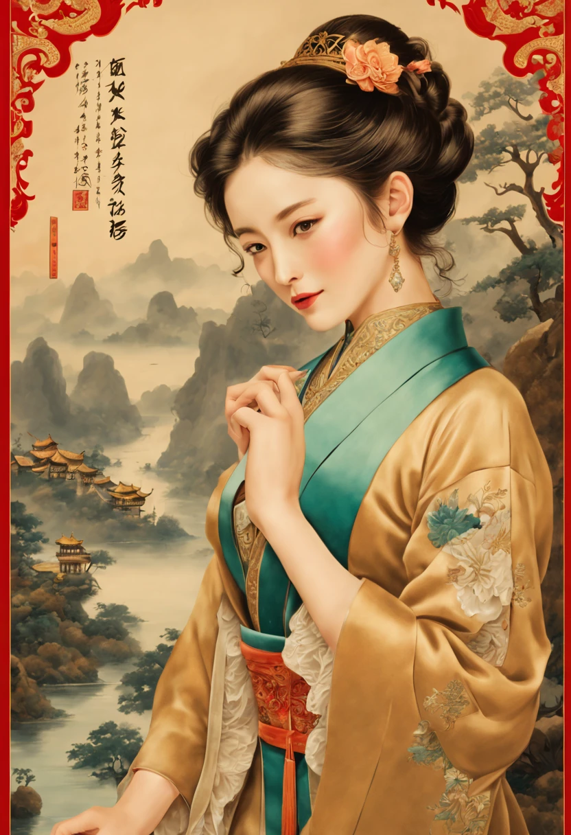 chinese theme, lovely postcards, stamp, envelope, letter, old-fashioned handwriting, ornate frames, intricate, (best quality, masterpiece, Representative work, official art, Professional, unity 8k wallpaper:1.3)