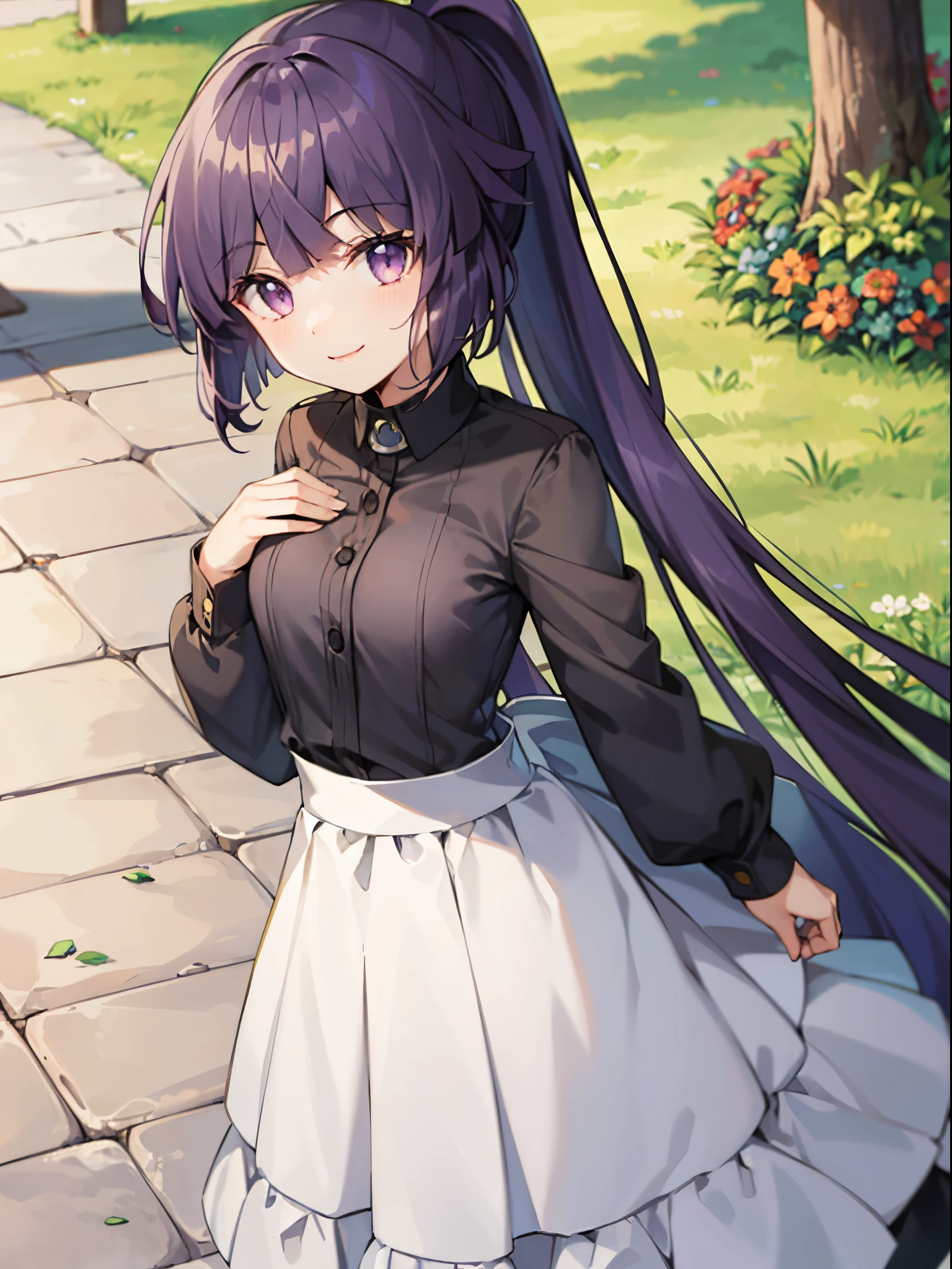 top-quality、Anime girl with purple hair and beautiful flowers in purple eyes々Park with blooming flowers、 [3D images:1.15],hight resolution、a park、Best Quality, High resolution, front-facing view、long hair overall、purple single ponytail、1girl in, firm face, Smile, Akatsuki, Long hair, Brown hair, Purple eyes, Bright pupils, Cute clothes、ＴThe shirt、Light blue shirt、Cute skirt、skirt by the, White skirt、absolute reference to center、Dating