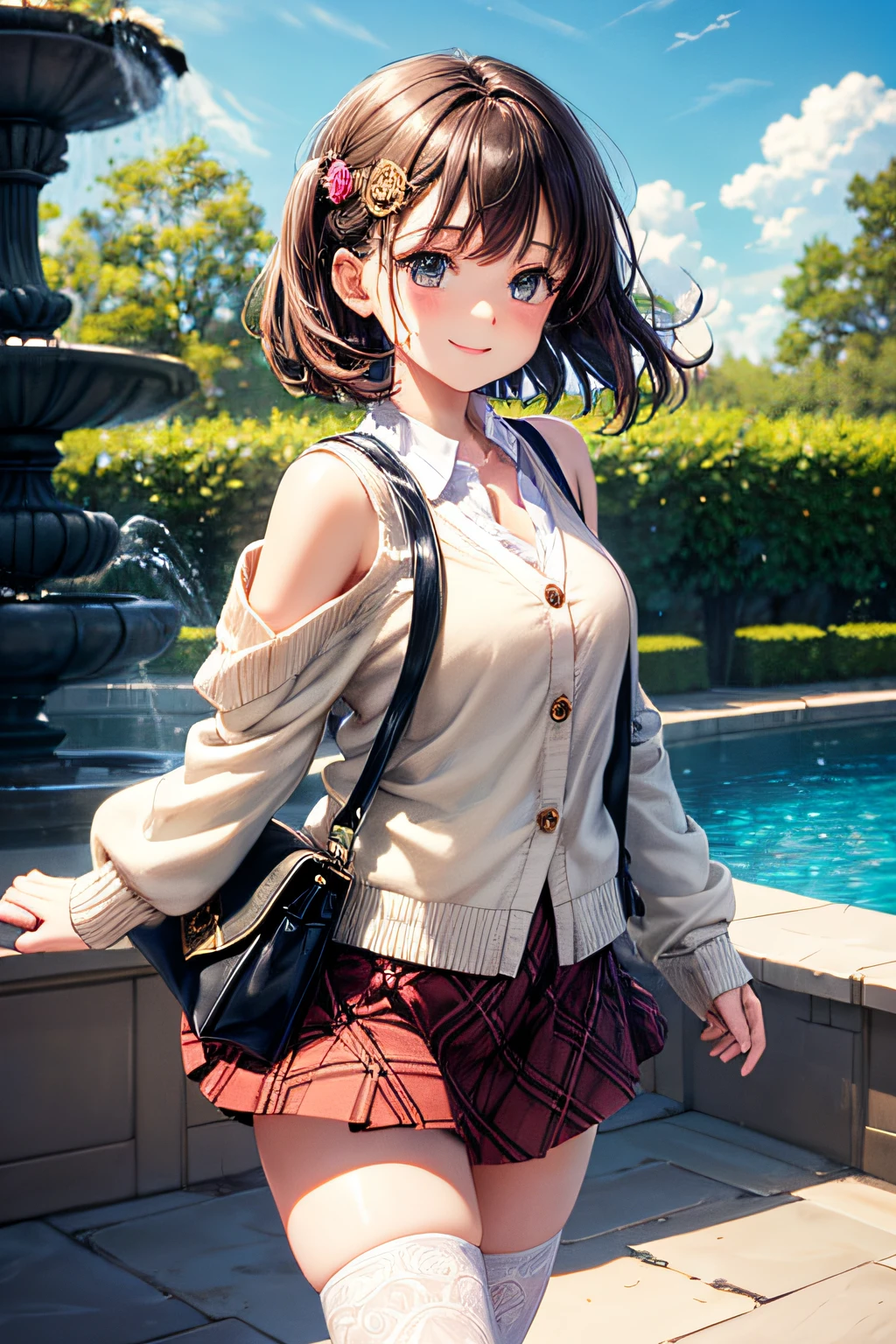 Very cute and beautiful girl,,(very detailed beautiful face and eyes:1.2),(White blouse),Smile,
(mid-shot:1.2),(Ivory Cardigan:1.2) BREAK (Brown shoulder bag),(Brown Plaid Mini Skirt:1.2),zettai ryouiki,
Dynamic Pose,Dynamic Angle,Hair Ornament,Black hair,Black boots,Rose garden arbor,The fountain,
(Best Quality,masutepiece:1.2),(Intricate details:1.2),hight resolution,1 girl,Solo,
Cinematic scene,Hair fluttering in the wind,Beautiful detailed sky,