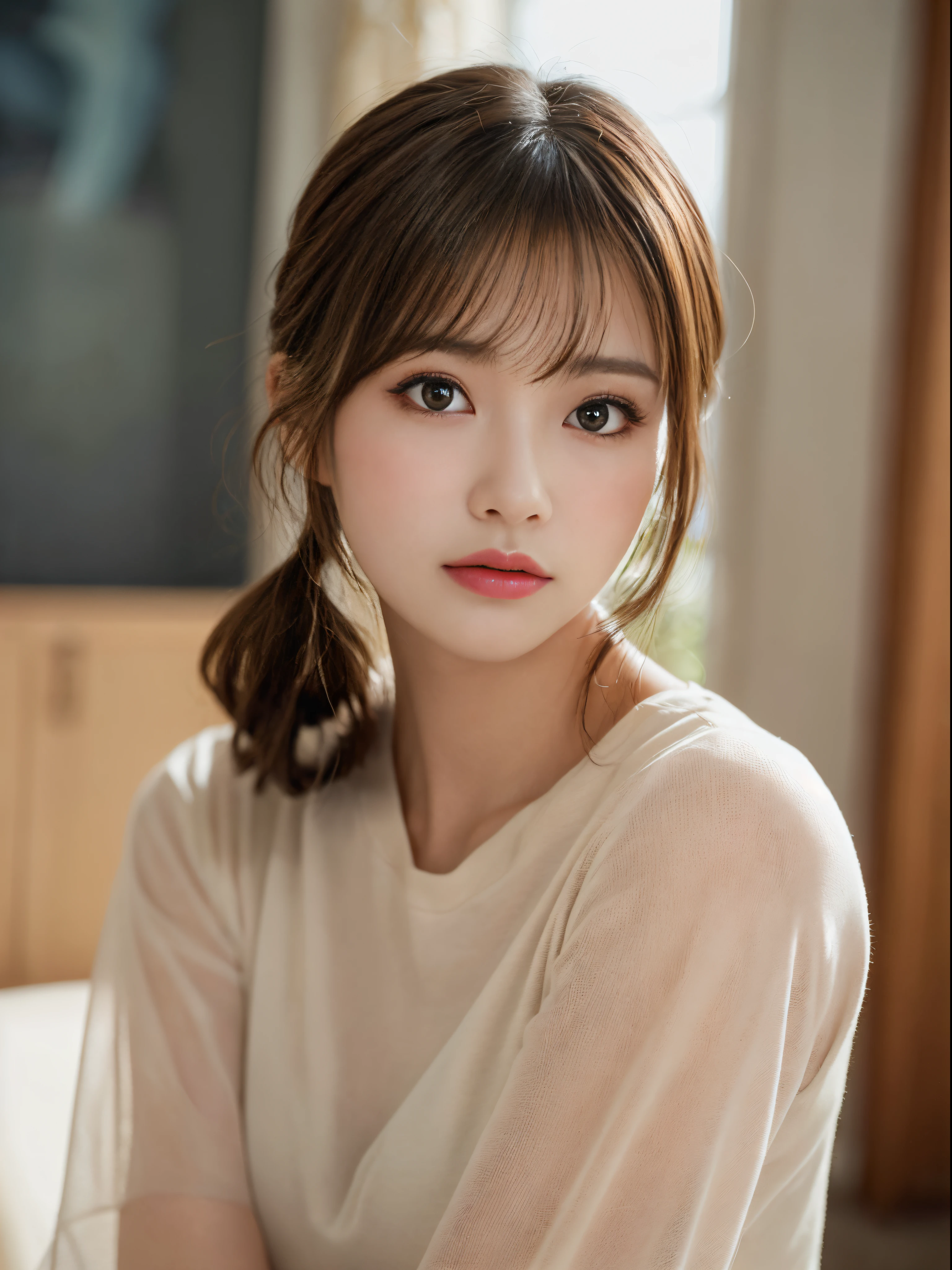(masterpiece:1.5)、(8K)、(Photorealsitic:1.5)、Raw photography、(Top image quality:1.4)、(foco nítido:1.5)、
top-quality、masterpiece、超A high resolution、very detailed and professional lighting、
23 years old、slender、prety woman:1.4、serious facial expression、
In the living room where the morning sun shines、randome pose、
she opened her big white breastsYI'm wearing a shirt.、
light brown hair、poneyTail、Glowing hair、
Super Detail Face、A detailed eye、二重まぶた、
Natural Color Lip、Transparent skin、