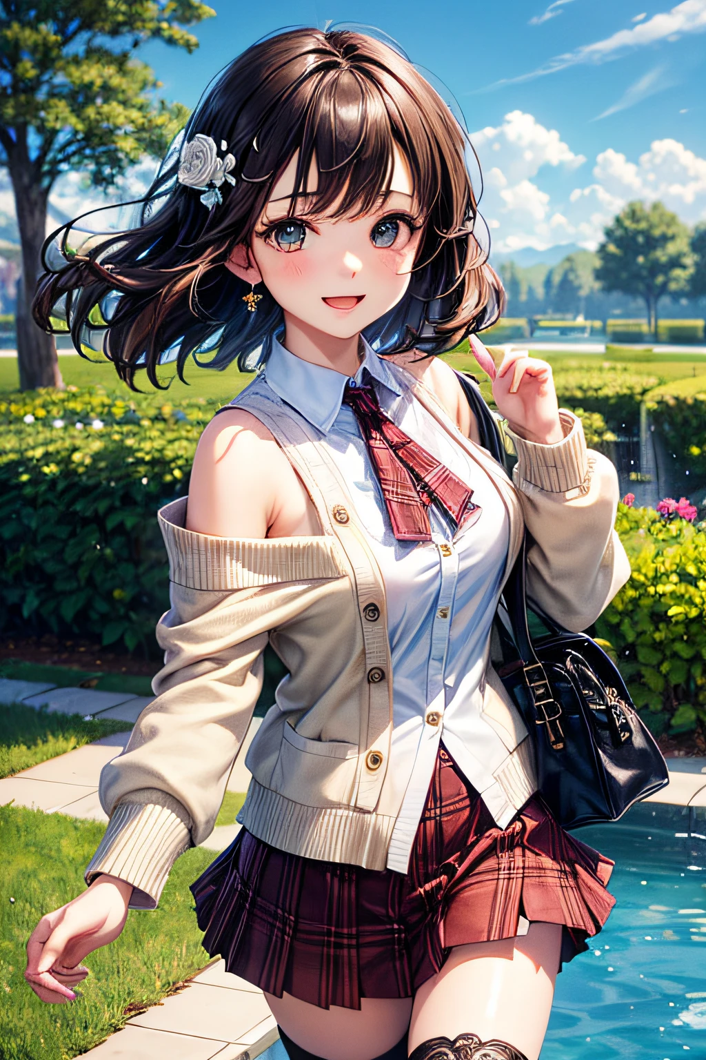 very cute and beautiful girl,,(highly detailed beautiful face and eyes:1.2),(white blouse),(smile),happy,
(beige cardigan:1.2) BREAK (brown shoulder bag),(brown plaid mini skirt:1.2),zettai ryouiki,(skirt fluttered in wind,white panties),
hair ornament,black hair,black boots,flower garden,grassland,trees,
(best quality,masterpiece:1.2),absurdres,highres,ultra-detailed,extremely detailed,32k,8k resolution,
intricate details,cinematic scene,detailed background,solo,dynamic angle,
hair fluttering in the wind,beautiful detailed sky,