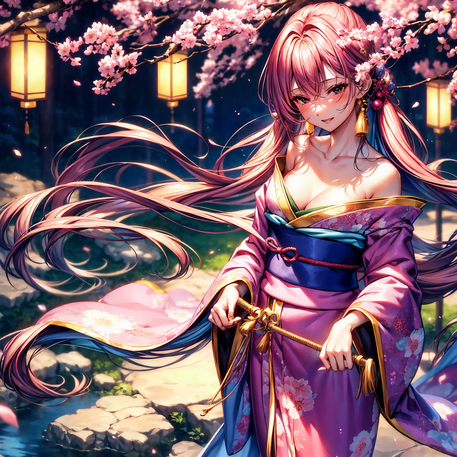 (top-quality、masterpiece、very high res、超A high resolution,High resolution details 1.5)、A woman of perfect and ultimate beauty(24 years old 1.5)、Realistic portraits、Beautiful breasts with a slender body shape(F Cup 1.5)、Beautiful body、美丽的面容、large pink,Long hair,Beautiful hair、Japan hair ornament,Realistic textured skin and、Wearing a beautiful Japanese kimono,Kimono has colors and patterns..,Kimono sleeves and obi are long,Arms outstretched,Exposed shoulders from kimono,I can see the cleavage,The stole passes from the wrist to the waist.,Bright smile,Mouth opens,Hair flutters under the influence of the wind,The sleeves and obi of the kimono flutter in the wind..,Japanese garden with beautiful cherry blossoms at night、Mysterious night sky、Lantern light,Beautiful Landscapes、(accurate detail、the detailed images、Accurate images、Perfect Image 1.5)、、beautiful anime woman, Beautiful Art Style, an animated character、The whole picture、Detailed picture、accurate anatomy、Defect-free images、natural soft light、beautiful image、extremely detailed picture、(Best Shot 1.2)